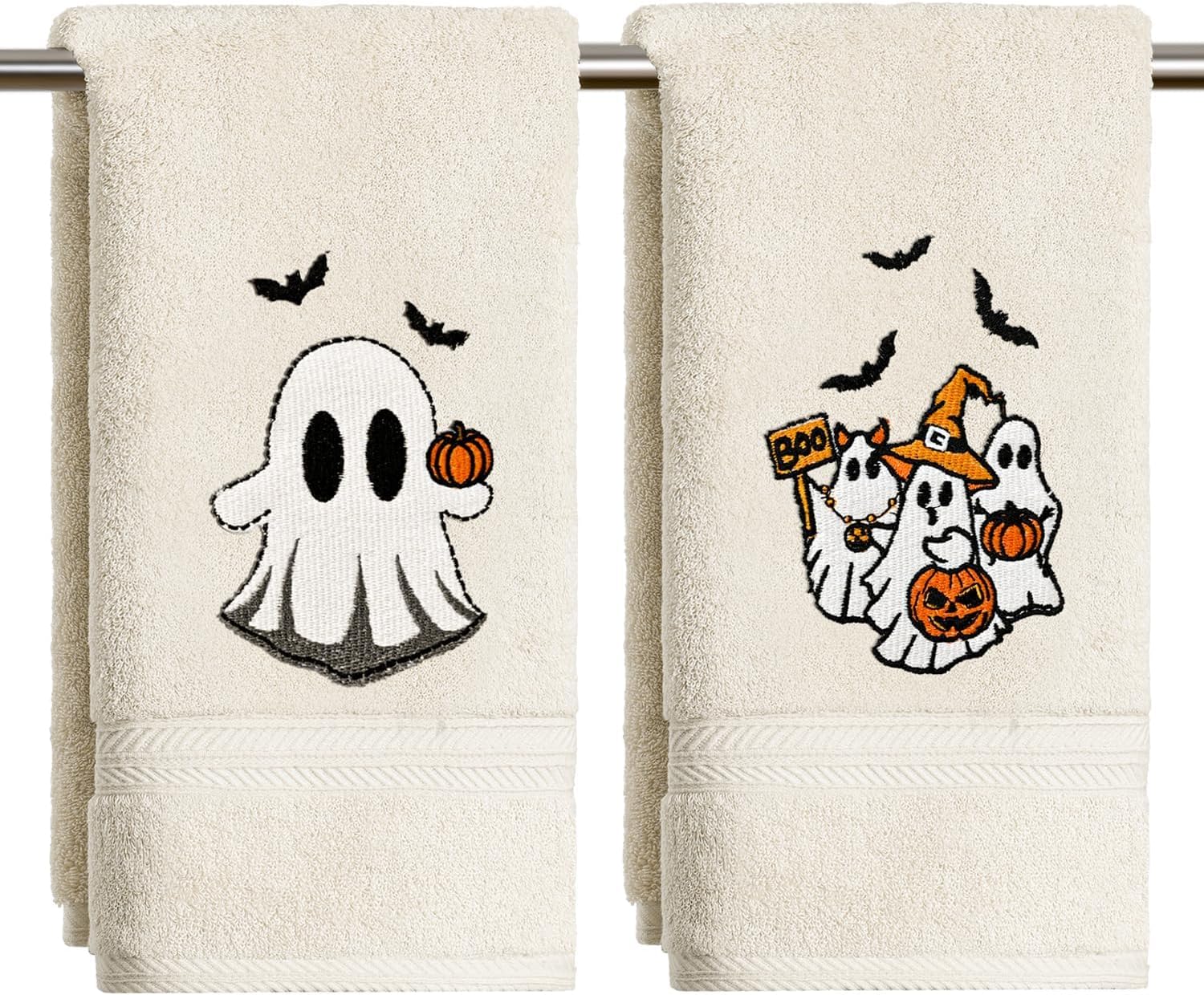 Artoid Mode 2 Pcs Beige Ghost Pumpkin Halloween Embroidered Hand Towel | Seasonal,13.7 x 29.5 Inch,100% Cotton,Farmhouse Decorative,Soft & Absorbent Bathroom Decor Towels