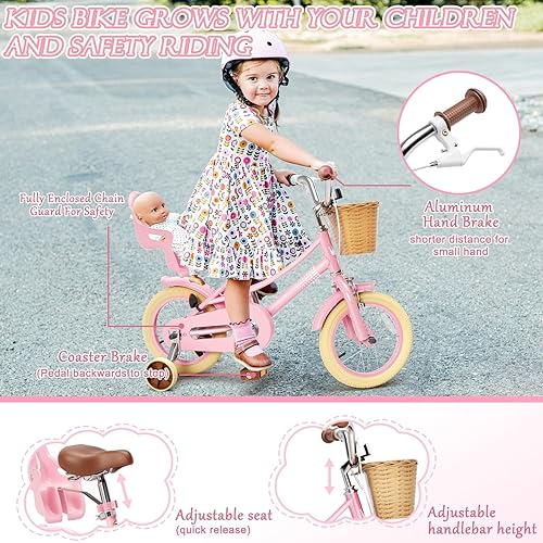 Miniatura 5 de Glaf Bicicleta para niñas de 12, 14, 16, 20 pulgadas, con ruedas de entrenamiento para niños de 2 a 12 años, bicicleta con cesta y asiento de