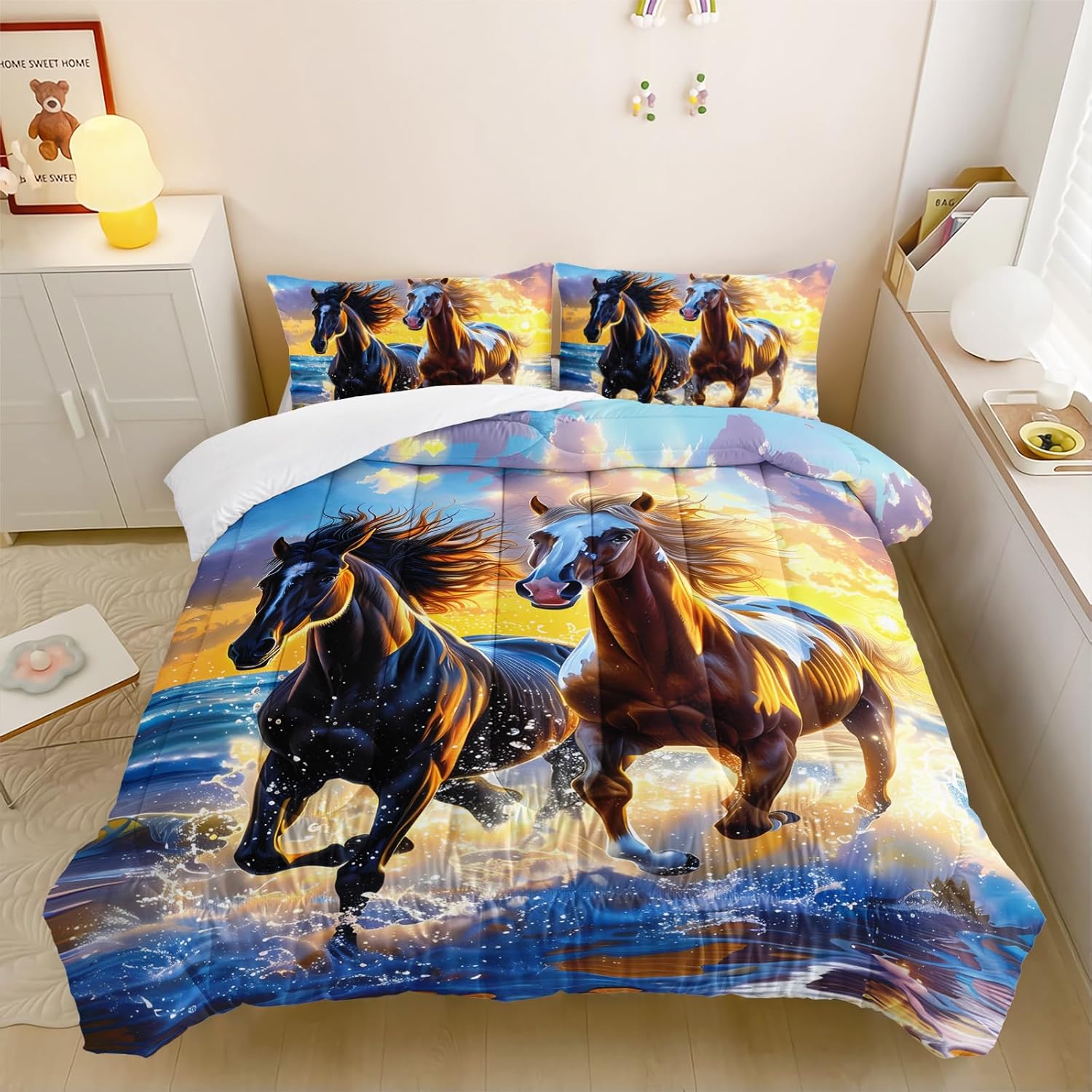 Kids Horse Twin Size Comforter Set, Galloping Horse Comforter for Girls Teens, 3D Wild Animal Decor Quilt Set Bedroom Collection 4Pcs Full Size