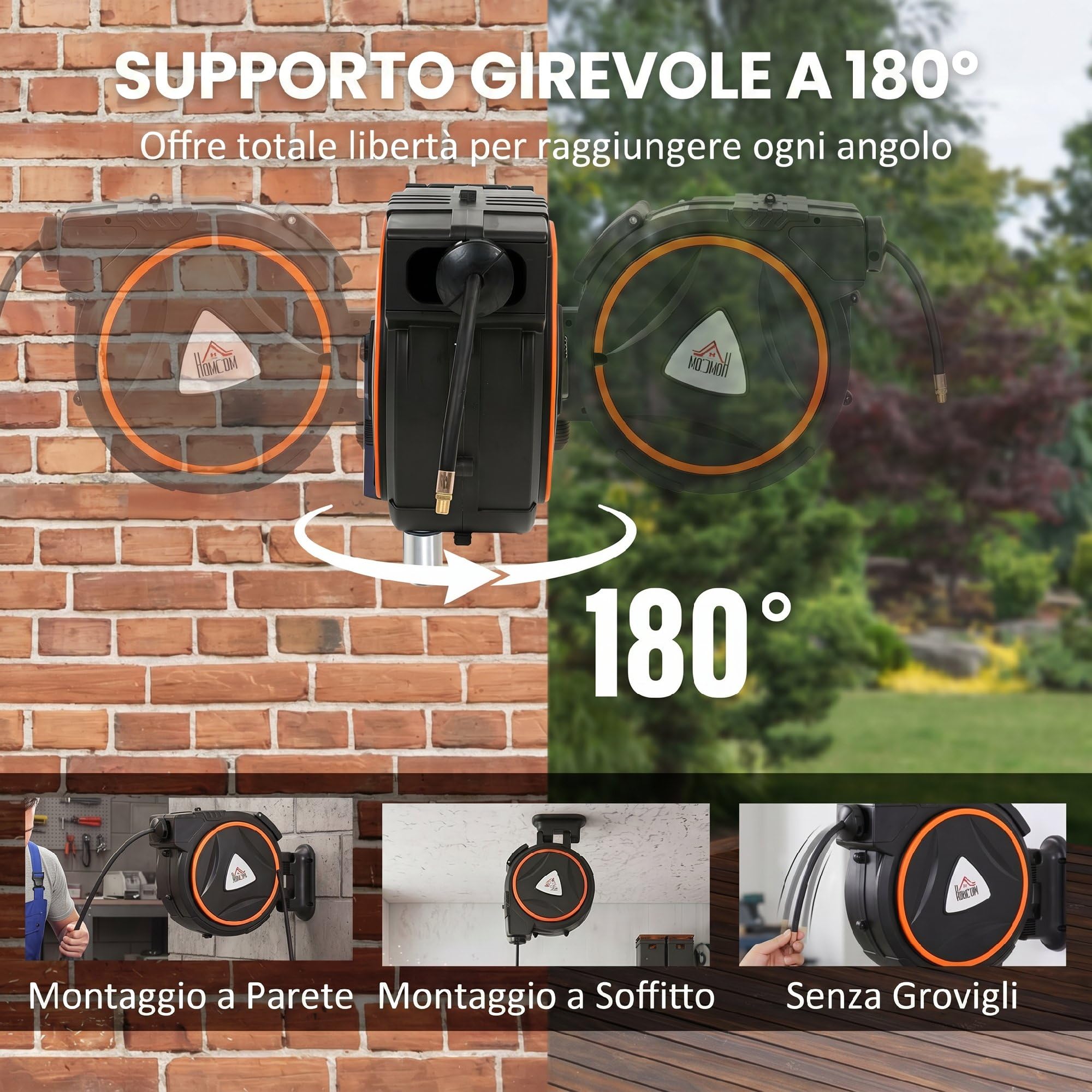 HOMCOM Avvolgitubo Automatico Retrattile 20 m Max 300 Bar Nero e Arancione | Diametro Tubo 13 mm, Montaggio a Parete, Ruotabile di 180°