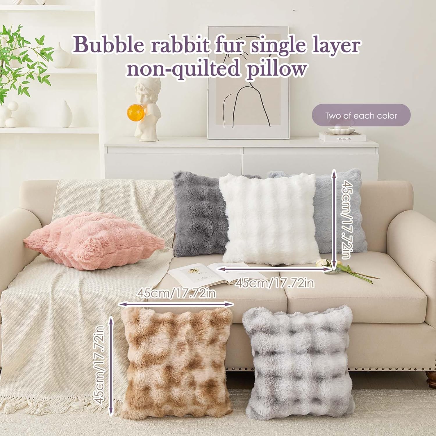 LiveGo Throw Pillowcase Decorative Throw Pillow Covers 18x18 Inch Set of 2,Soft Fuzzy Faux Rabbit Fur Cushion Covers with Raised Texture Home Decor for Couch Bed Living Room (2, Gradient Gray)