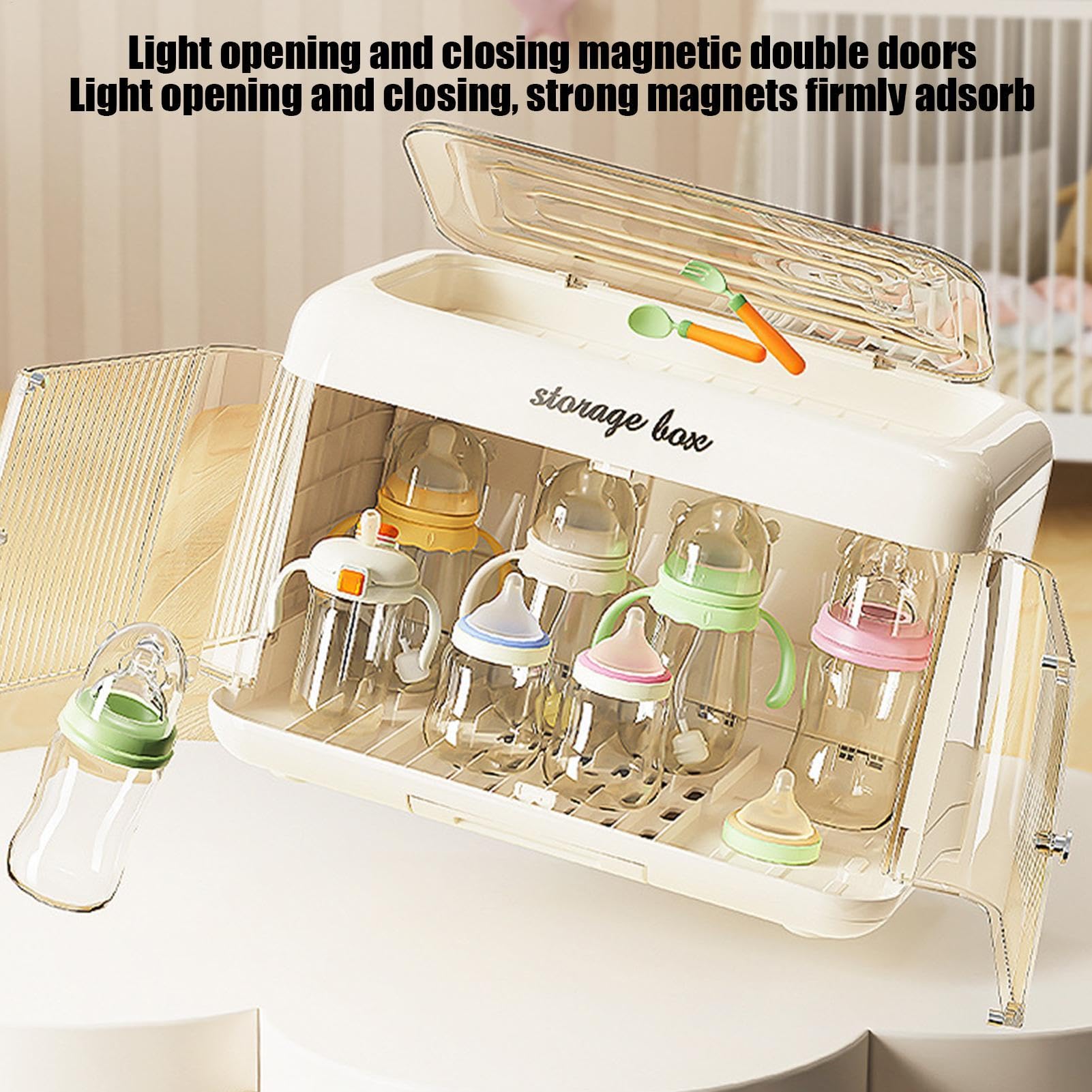 Aufbewahrungsbox für Babyflaschen, großer Organizer für Stillflaschen und Abtropfgestell, staubdichtes Abtropfgestell Deckel, platzsparender Halter für Küchenarbeitsplatten, 43,6 x 27 x 30,5 cm