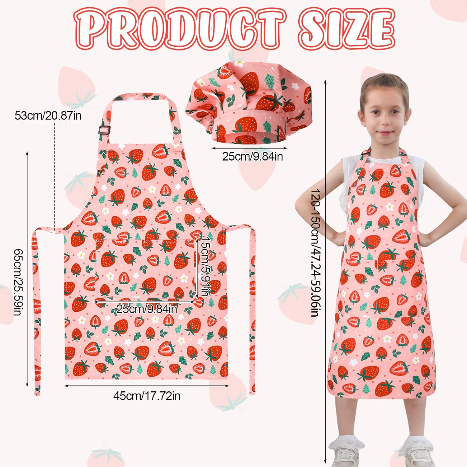 Kids Apron and Chef Hat Set, Cute Strawberry Apron Adjustable Kids Aprons with 2 Pockets Girls and Boys, Kids Cooking Aprons Artist Aprons Kitchen Toddler Aprons for Cooking, Baking, Painting - Image 2