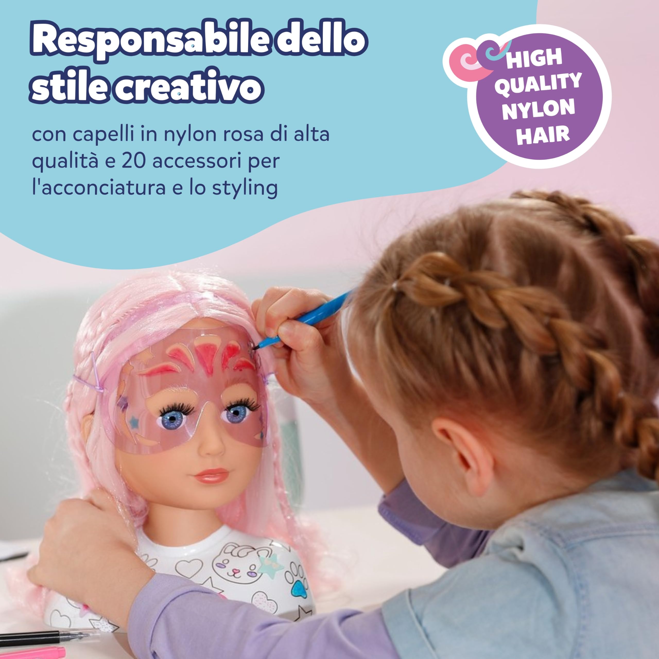 BABY born Testa Creative – Con capelli rosa, pennarelli e oltre 20 accessori - Testa da truccare e pettinare - Dai 3 anni in su