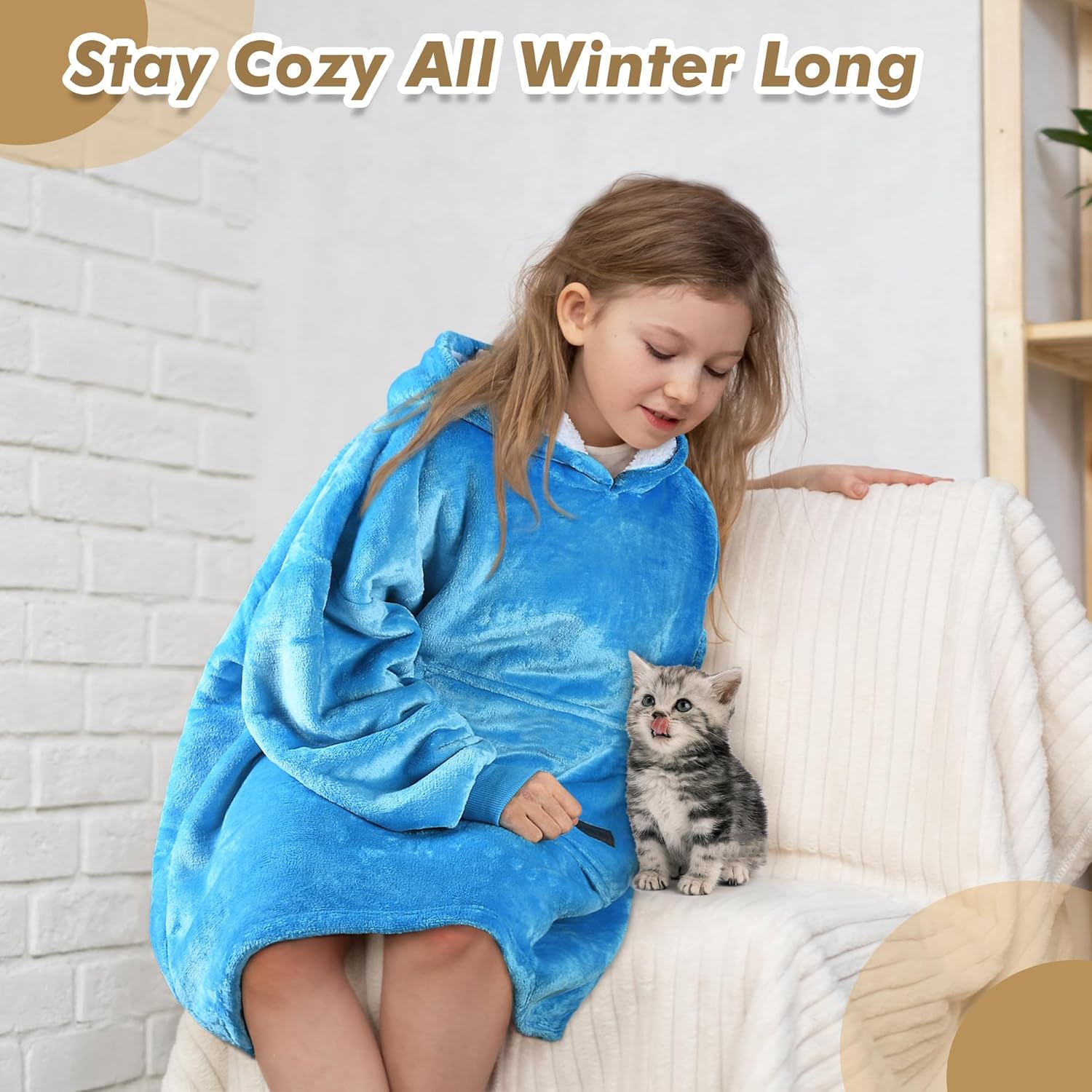 Tirrinia Blanket Hoodie for kids, Oversized Wearable Blanket, Cartoon Hooded Sherpa Lined Blanket, Gift for Kids Teens, Youth. Blue