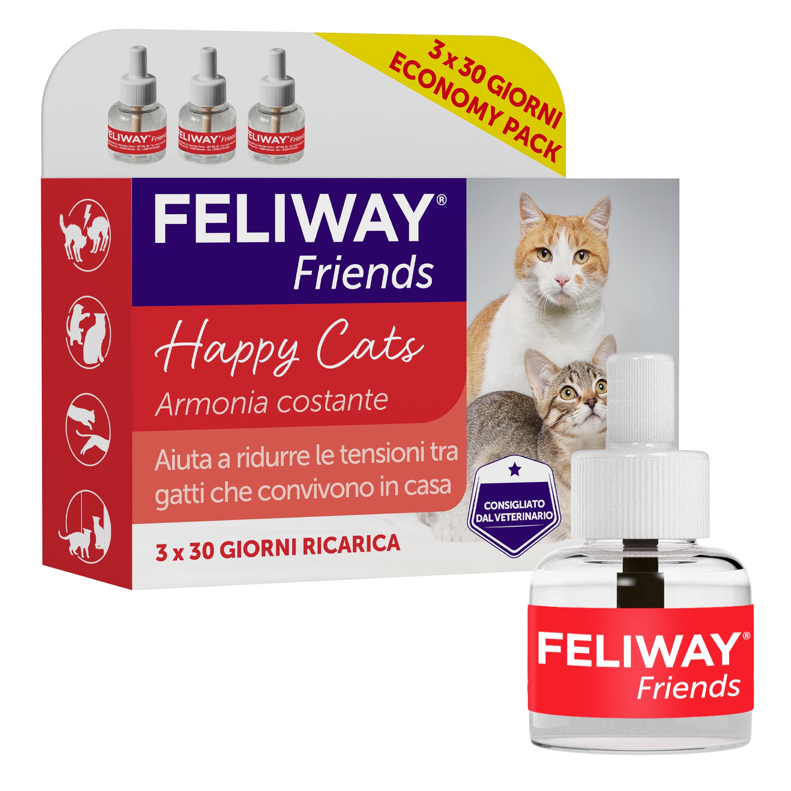 Ceva Salute Animale Spa Feliway Friends 3 Ricariche, Diffusore Feromoni per Gatti, 48 ml, Riduce i Conflitti e Favorisce Armonia tra Gatti, 3 Ricariche