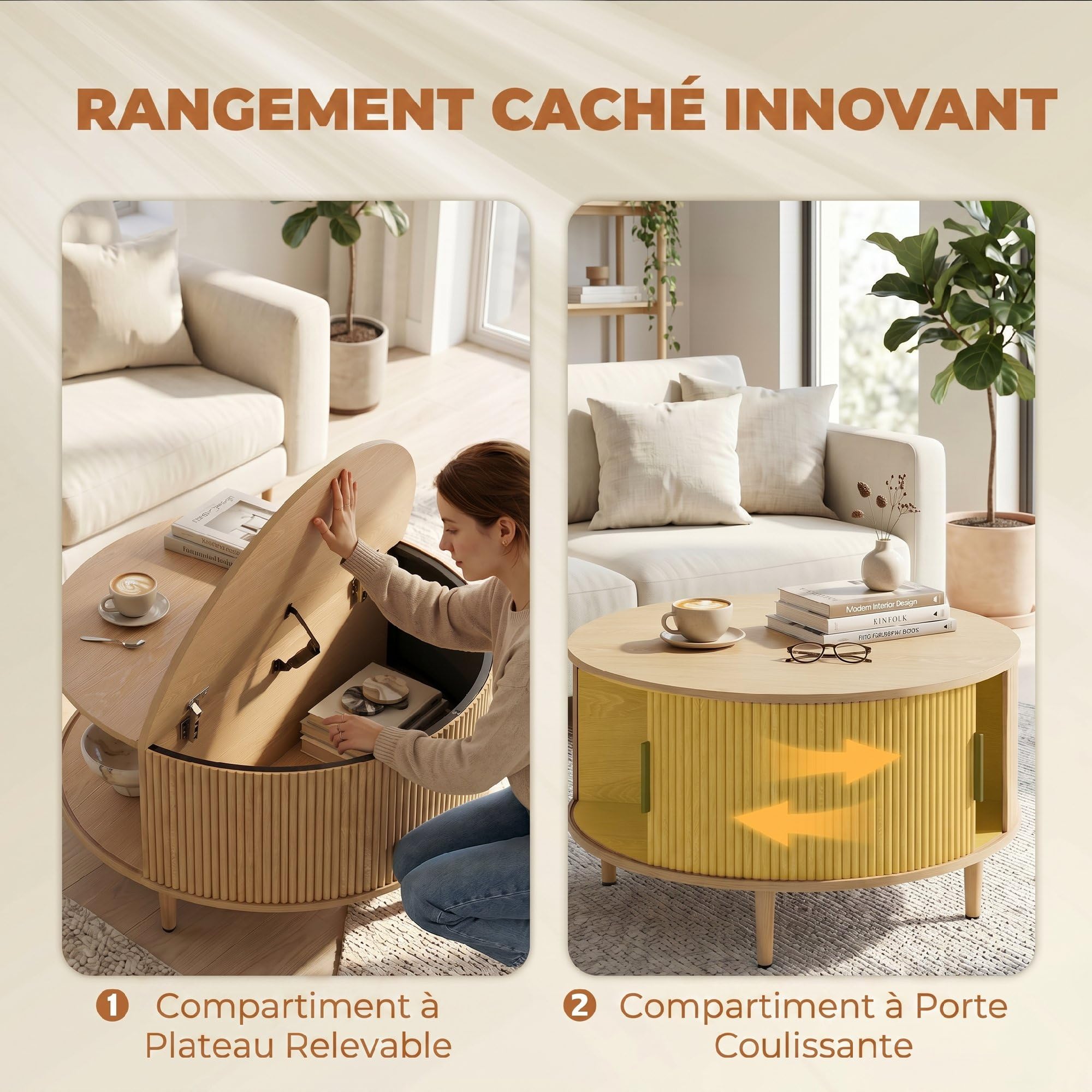 HOMCOM Tavolino rotondo contenitore, 80 cm centro moderno, Naturale
