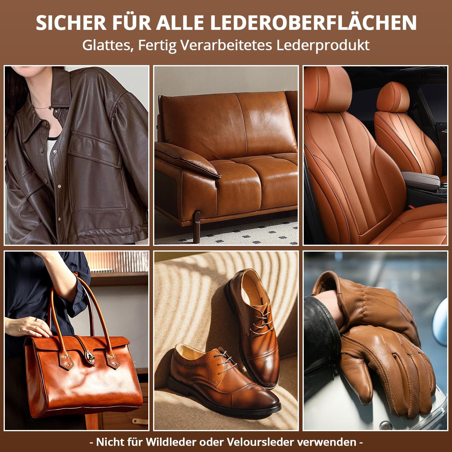 Lederpflegeset Lederreiniger & Pflegemittel Set – Leder sicher reinigen & schützen mit dem Reinigungstuch-Handschuh für Auto, Möbel, Schuhe, Taschen und Bekleidung, 2 Flaschen à 300 ml