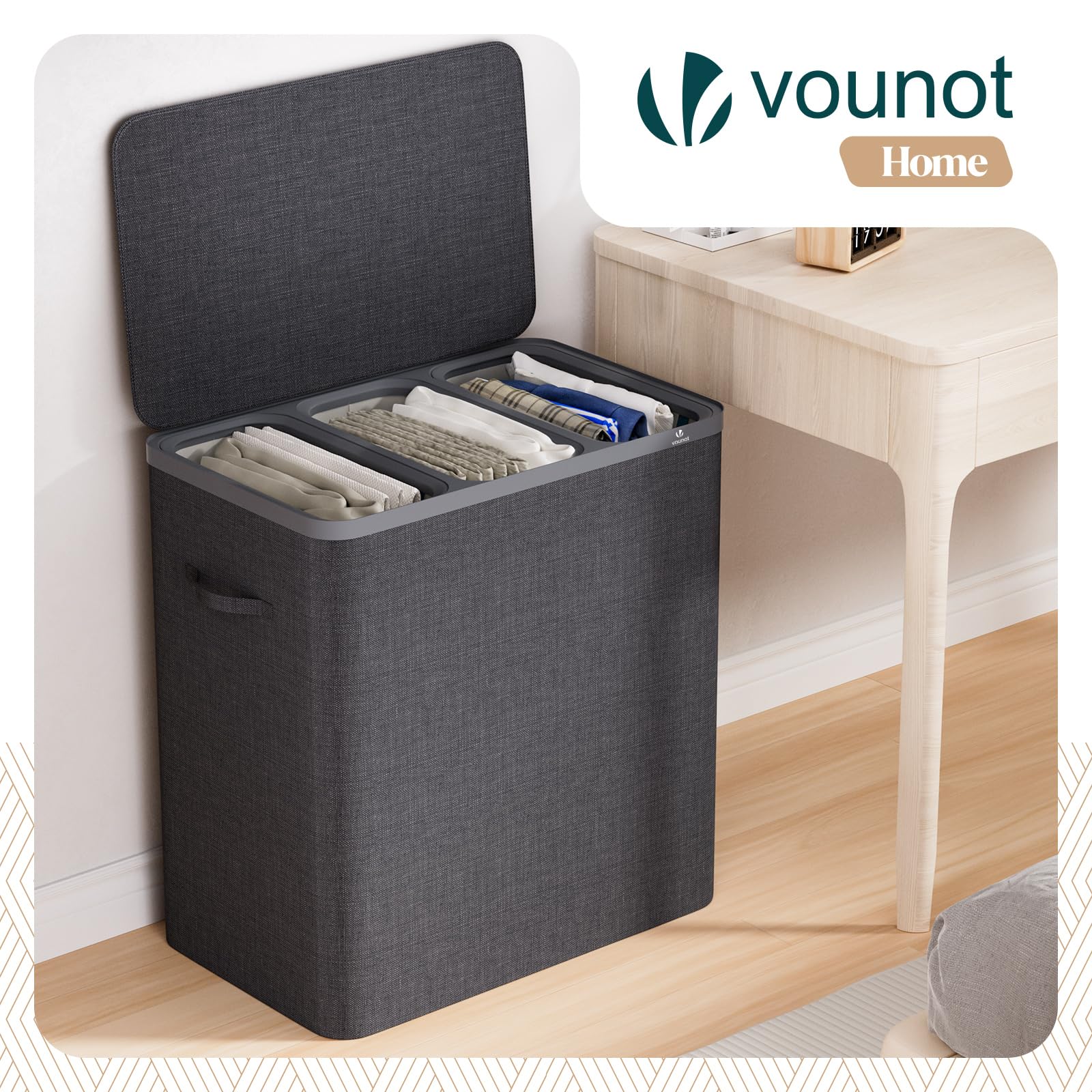 VOUNOT® Cesto Portabiancheria 170L Rettangolare a 3 Scomparti con Coperchio, Cesto Biancheria Grande Capacità con 3 Sacchi Rimovibili Autoportante e Manici, per Bagno, Camera e Lavanderia, Antracite - 2
