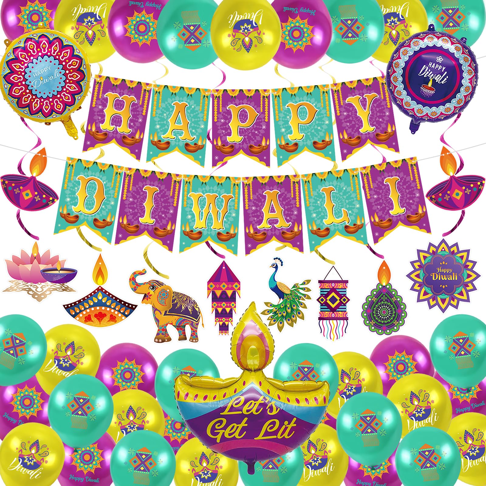 Happy Diwali Banner Party Decorations Supplies - Festival of Lights Diwali Balloons Happy Diwali Hanging Swirl India Deepawali Party Decorations