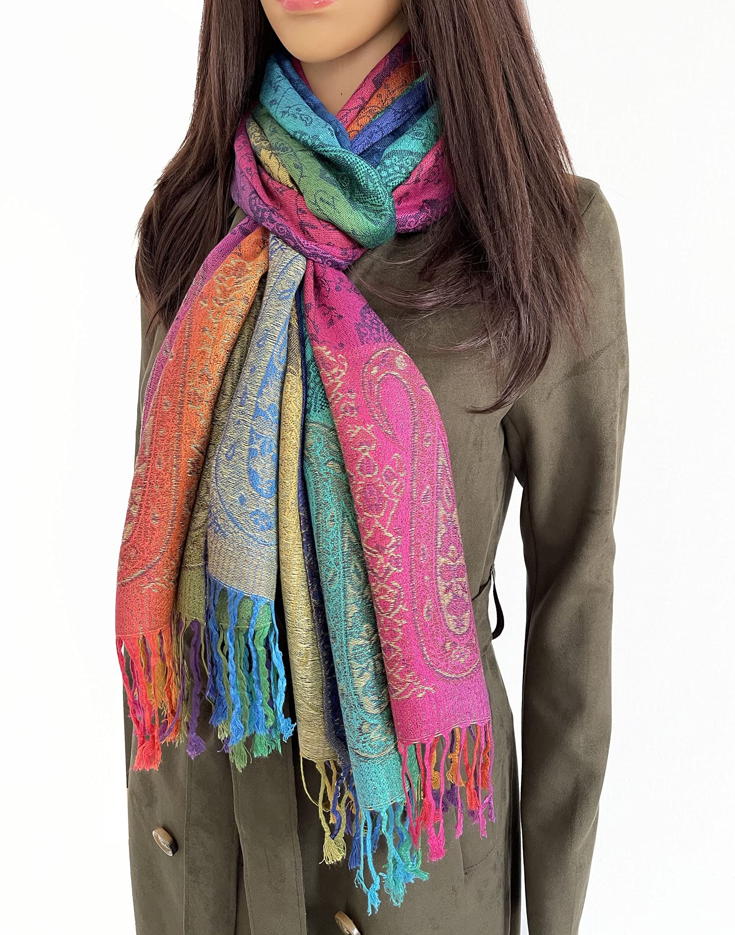Women's Large Multicolour Pashmina Shawl Scarf, Rainbow Coloured Scarf, Multi Colour Pashmina Scarf, Paisley Pashmina Scarf (black paisley)