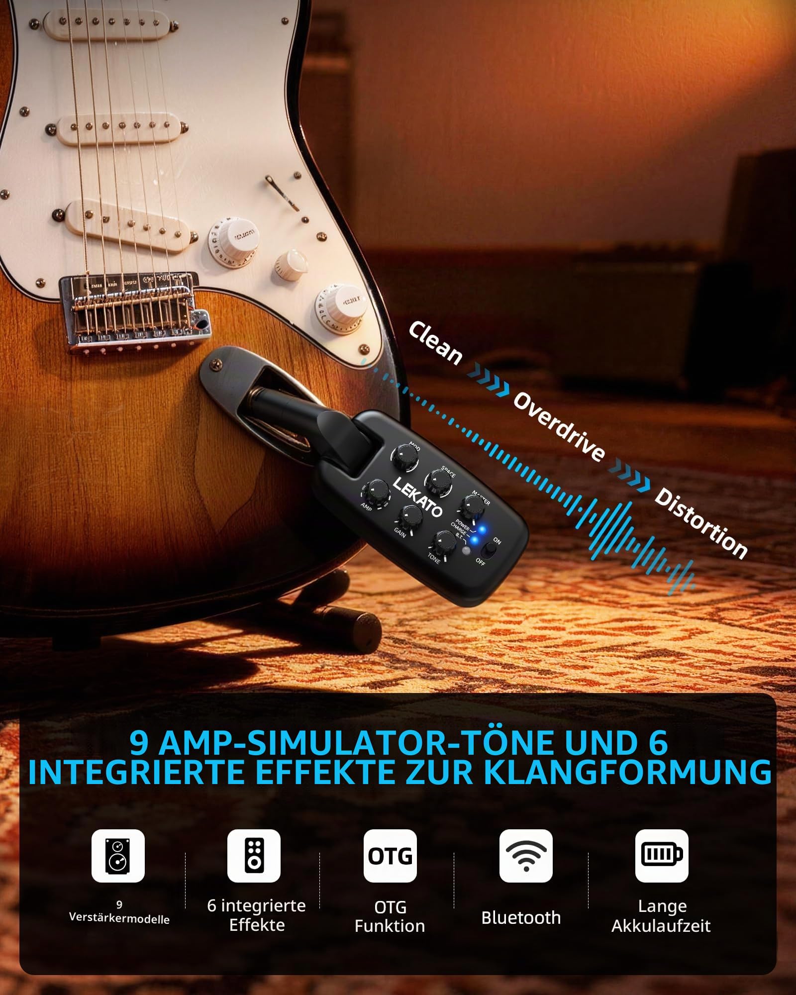 LEKATO Gitarren-Kopfhörerverstärker, Tragbarer Plug-in-Übungsverstärker für E-Gitarre/Bass, 9 Amp-Modelle/6 Effekte, Bluetooth, 180° Stecker, OTG-Funktion, Anfänger wiederaufladbarer Taschenverstärker