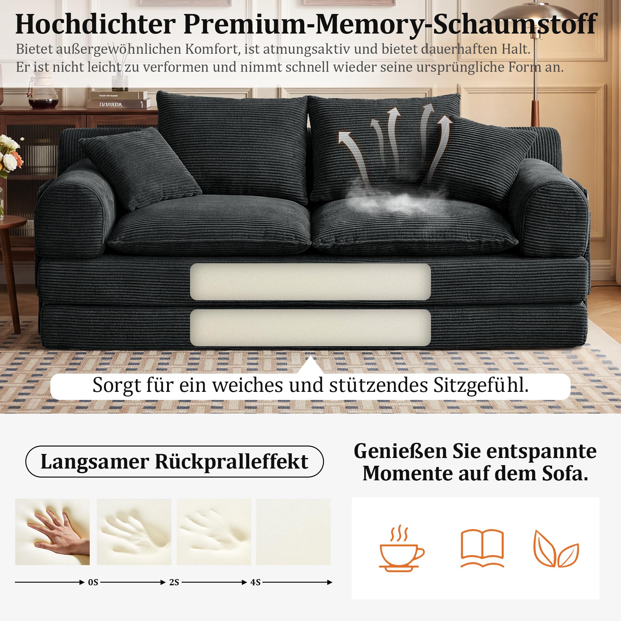 Vipbear Schlafsofa 201cm Breit, Boneless Couch mit Schlaffunktion Cord Sofa | 5-in-1 Bodensofa, 3 Sitzer Boneless Schlafcouch, Cloud Modulares Sofa Bed für Wohnzimmer Schlafzimmer Lounge Schwarz