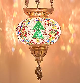 DEMMEX Turkish Moroccan Colorful Mosaic Hanging Christmas Theme Holidays Candle Holder Lantern with Handmade Colorful Mosaic Glass Globe and Metal Leaf Chains, 24" (XMas 2024 Multi)