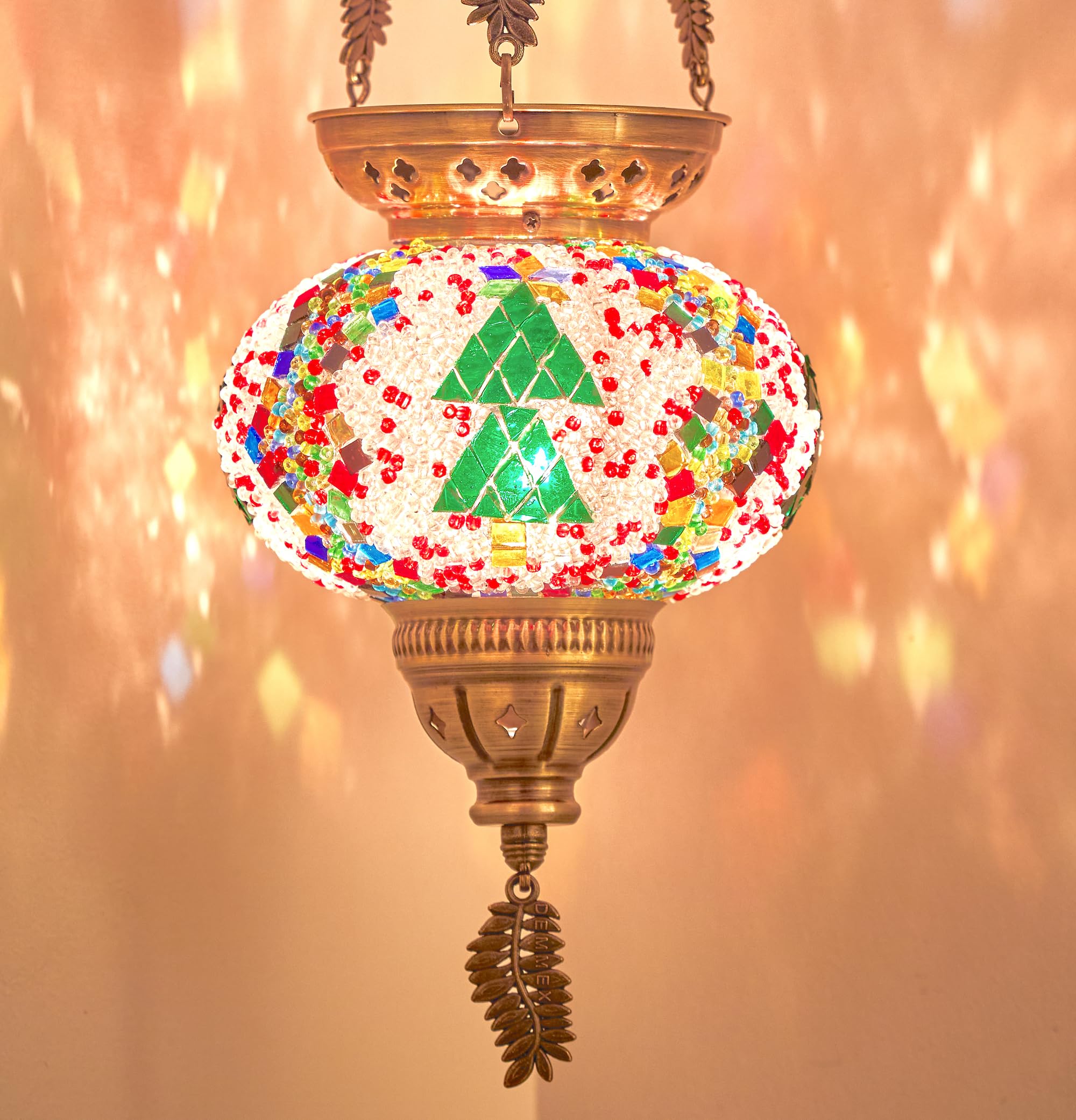 DEMMEX Turkish Moroccan Colorful Mosaic Hanging Christmas Theme Holidays Candle Holder Lantern with Handmade Colorful Mosaic Glass Globe and Metal Leaf Chains, 24" (XMas 2024 Multi)