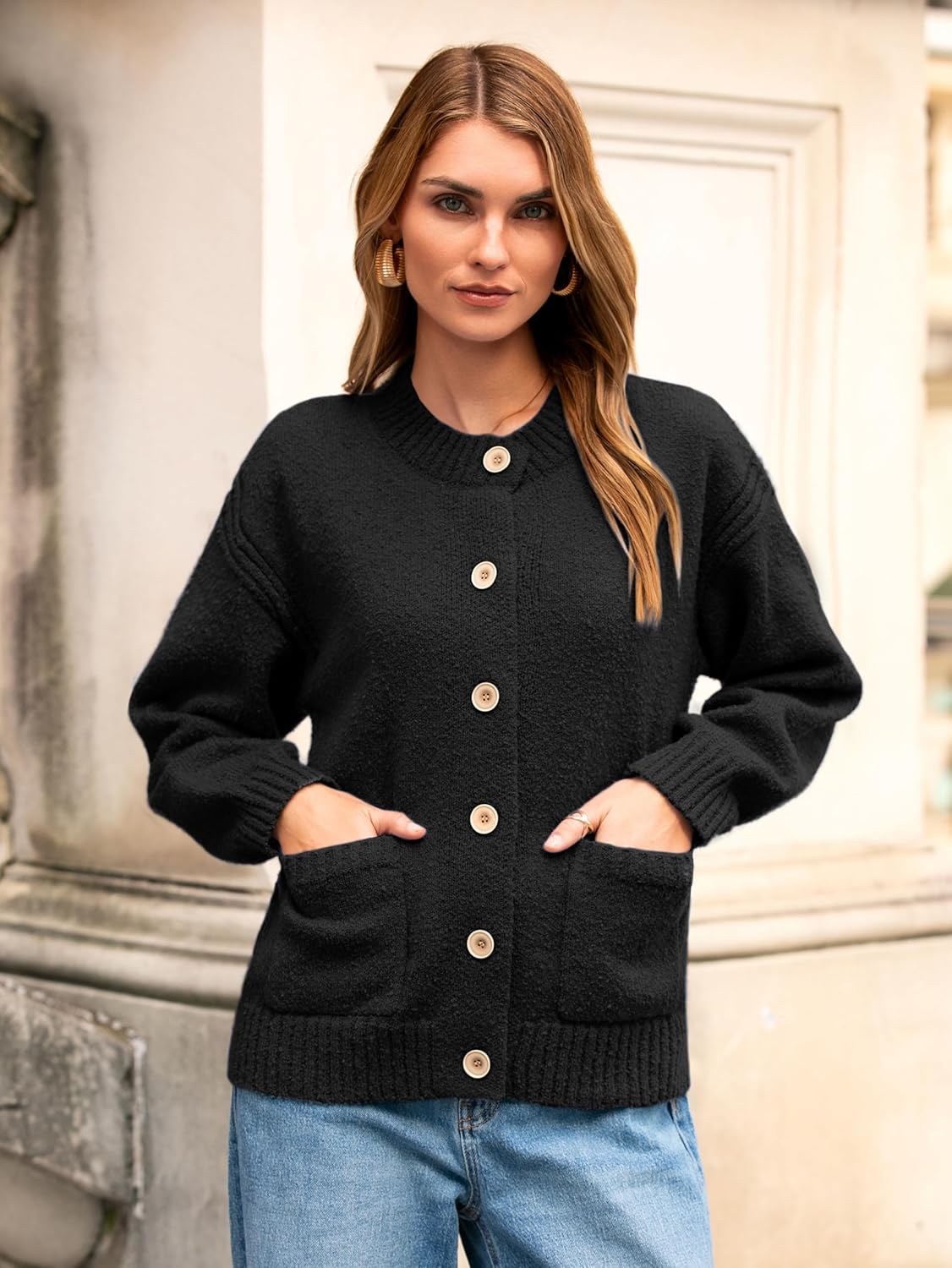 Glamaker Womens Fall Cardigans Sweaters Chunky Button Up Crew Neck Fuzzy Knit Long Sleeve Open Front Sweater Jacket - Image 5