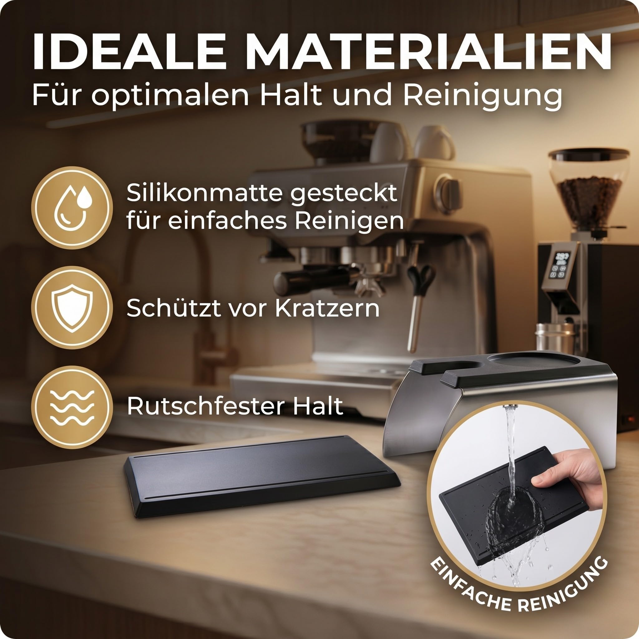 Erstklassige Tamperstation aus Edelstahl und Silikon - die perfekte Tamping-Station für alle Größen, Barista-Zubehör für jeden Profi, Andrückstation für Siebträger + E-Book! (14x7x6 cm)