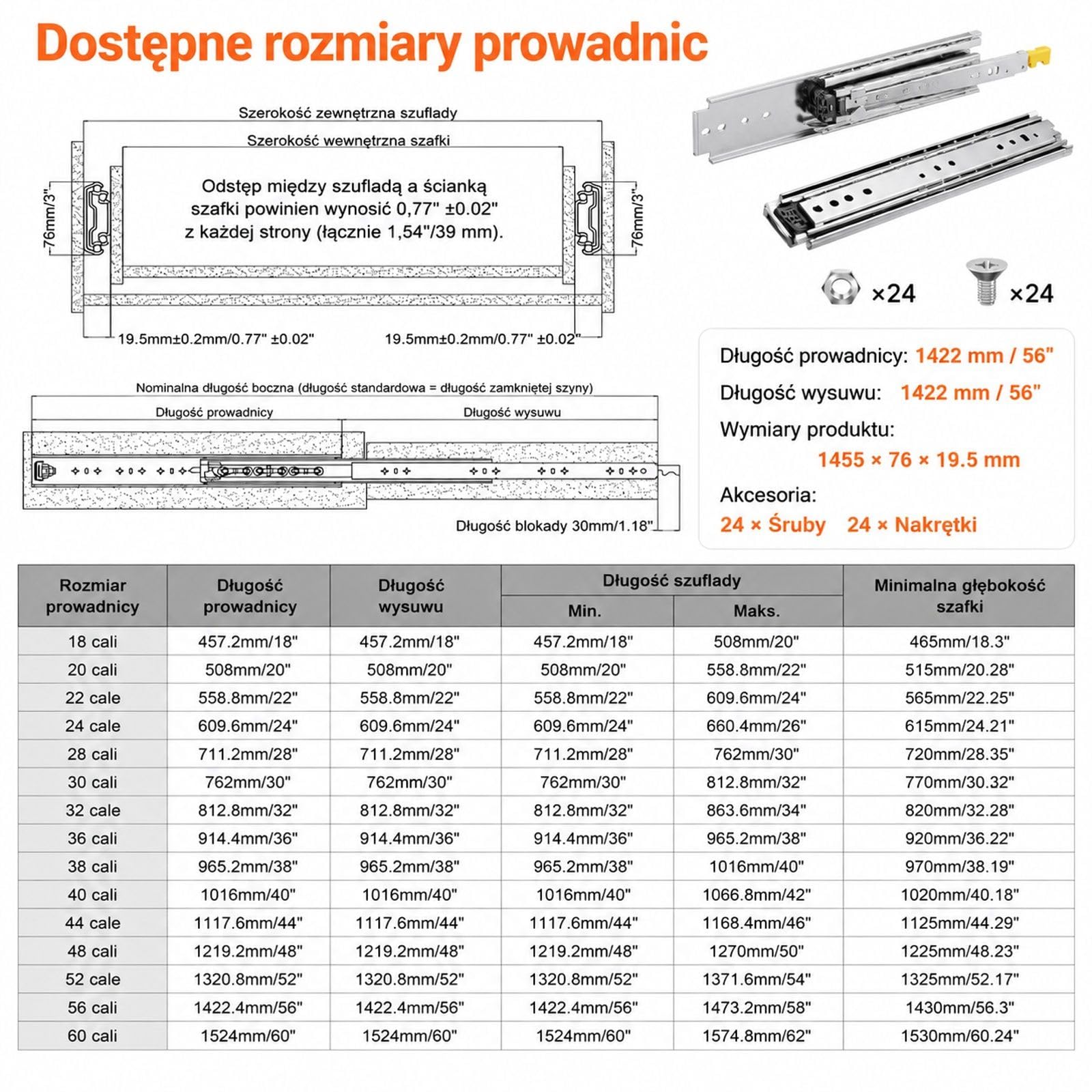 1 para prowadnic do szuflad z pełnym wysuwem i podwójną blokadą, boczne szyny teleskopowe do półek, szafek oraz przemysłowego przechowywania