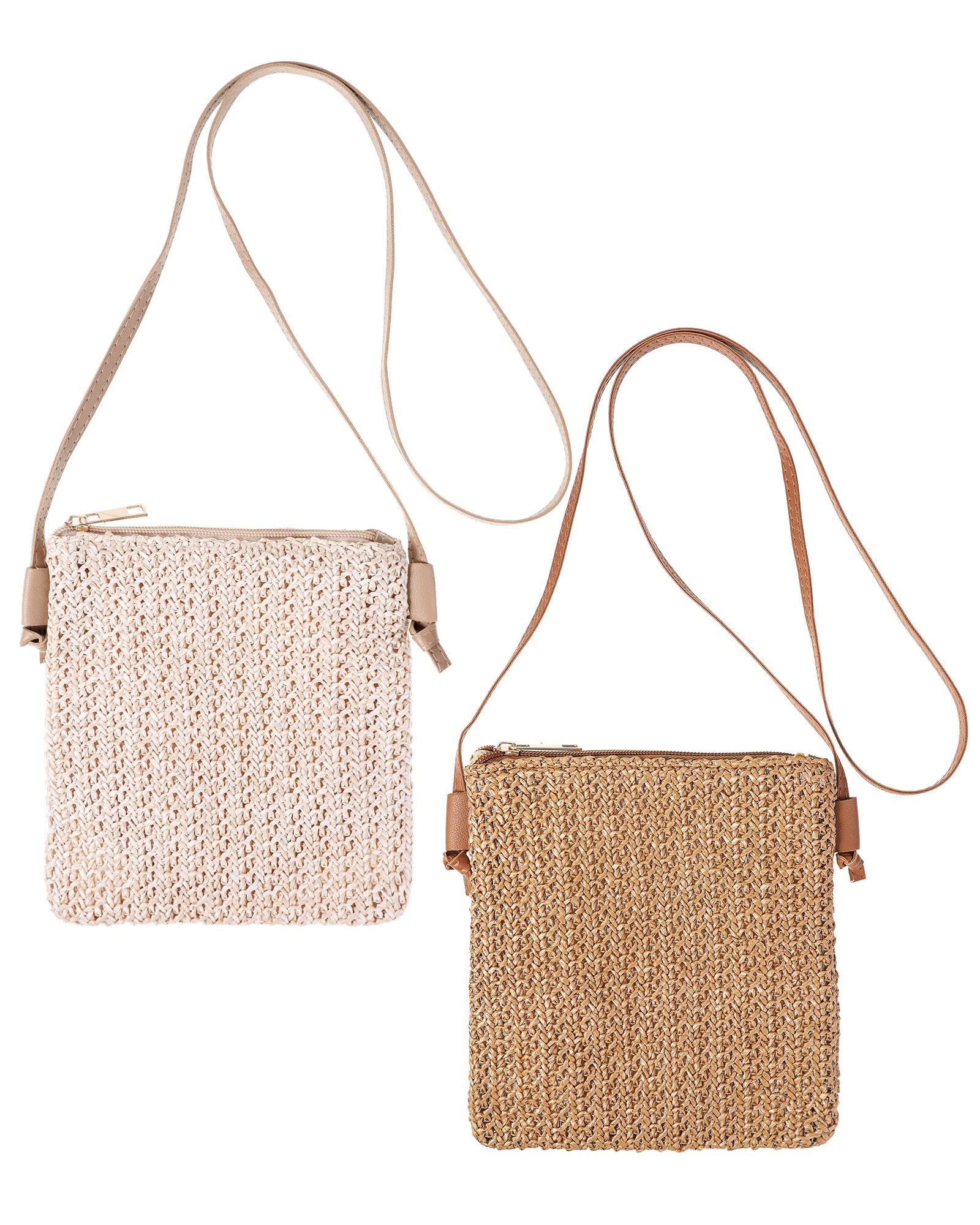 2 Pcs Straw Beach Bag for Women Summer Woven Straw Purse Cute Shoulder Straw Crossbody Handbags for Women Girl (Beige, Dark Coffee, Classic)