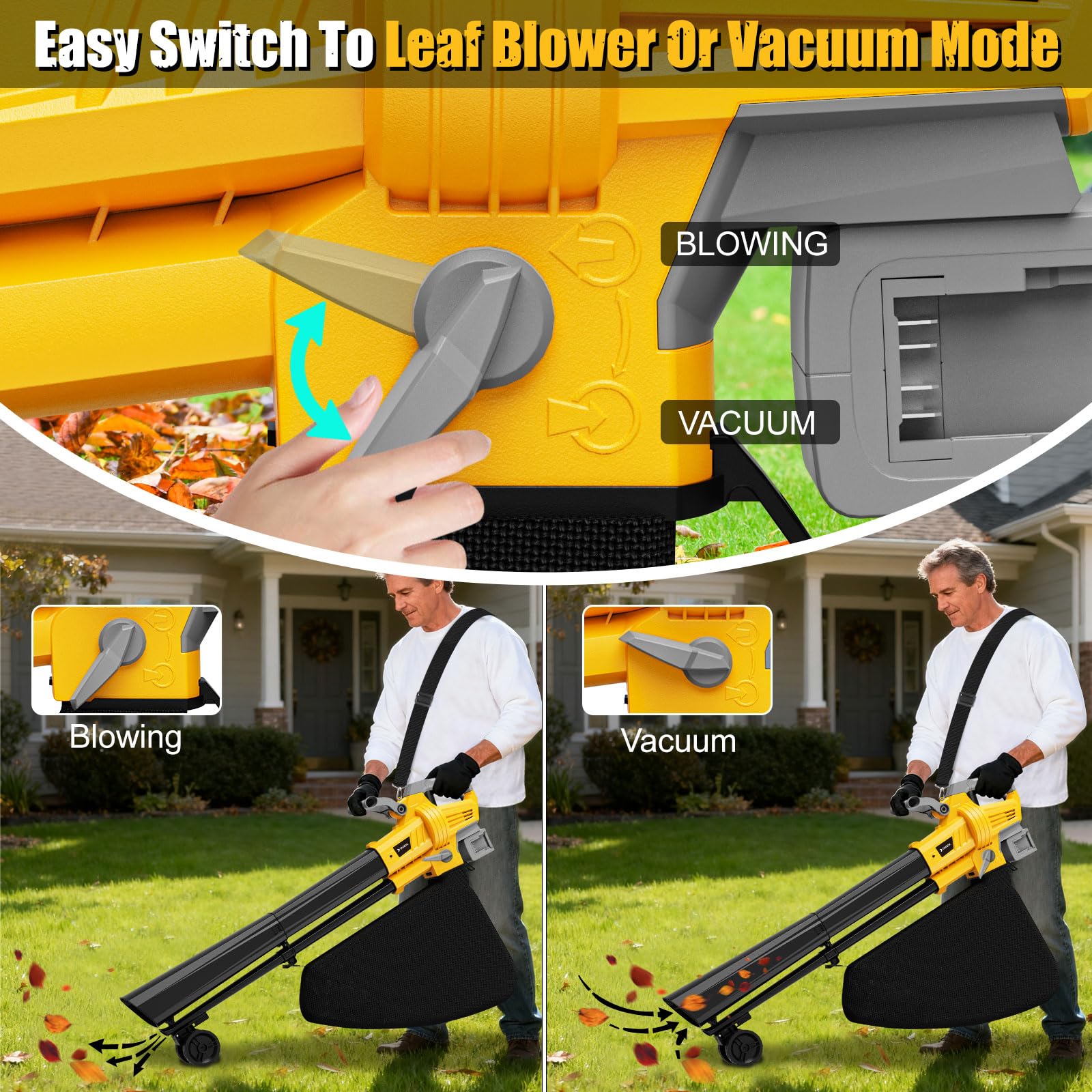 Soplador de hojas al vacío compatible con batería Dewalt de 20 V (sin batería), soplador de hojas eléctrico inalámbrico 3 en 1 con bolsa de recolección de 40 L, modo turbo para una limpieza