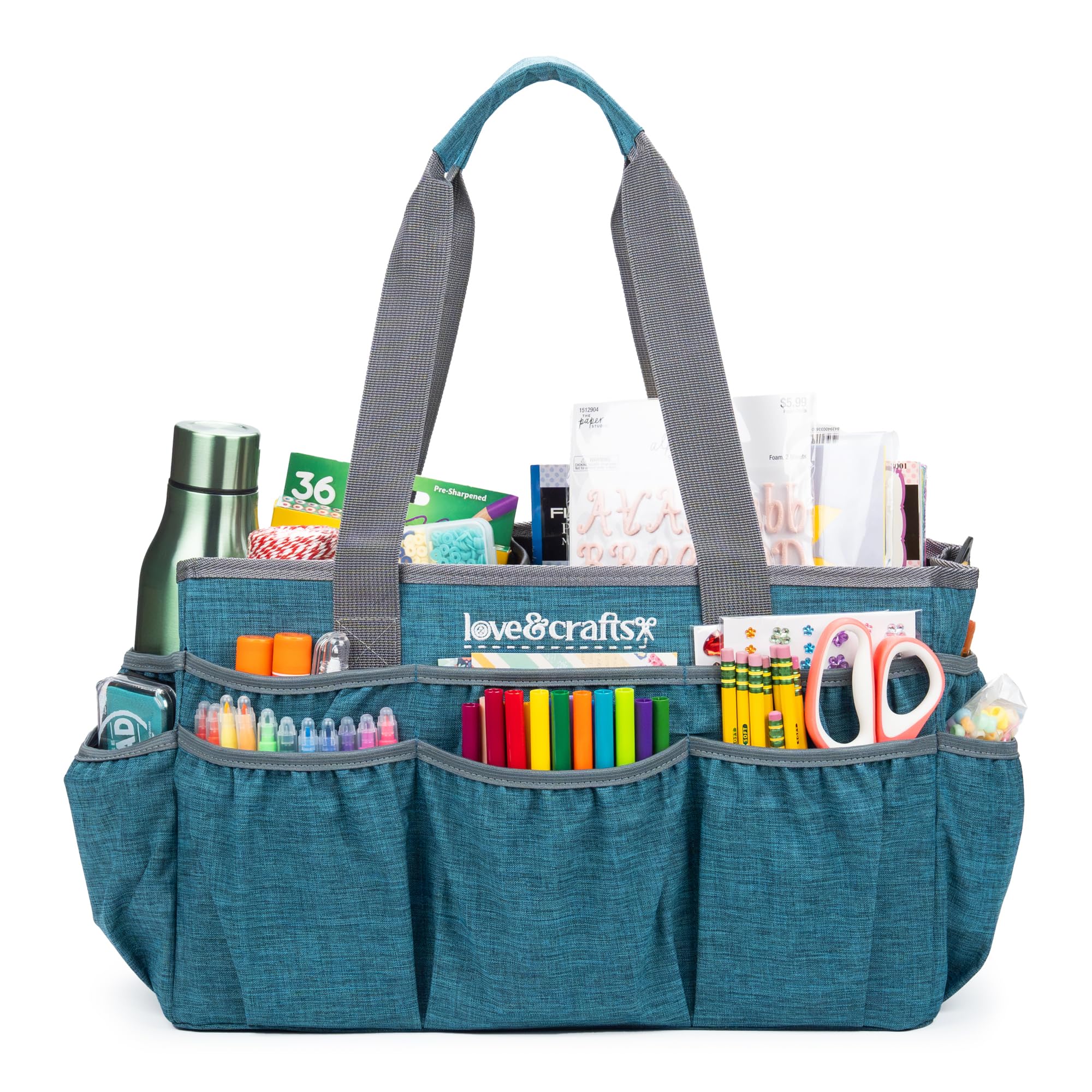 Large Craft Tote Bag - Art Bag 16 x 7.9 x 9.5 with Elastic Side Pockets - Durable Craft Bag Organizer with Handle and Removable Divider (Teal)