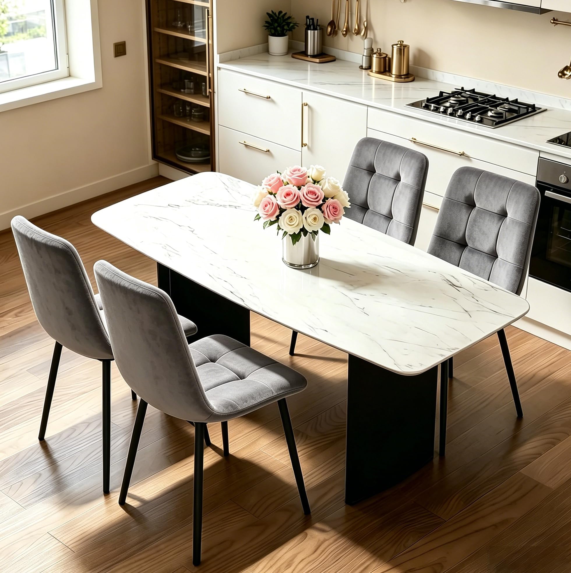 JMGJOY Velvet Dining Chairs Set of 4 Modern Upholstered kitchen Chairs Dining Room Chair Max.120kg Metal Legs Padded Seat Backrest for Living Room Bedroom, Gray