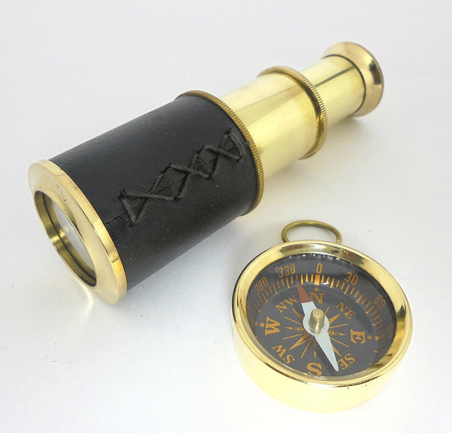 Mahira Nautical Brass Vintage Telescope Small Brass Magnetic Direction Compass A