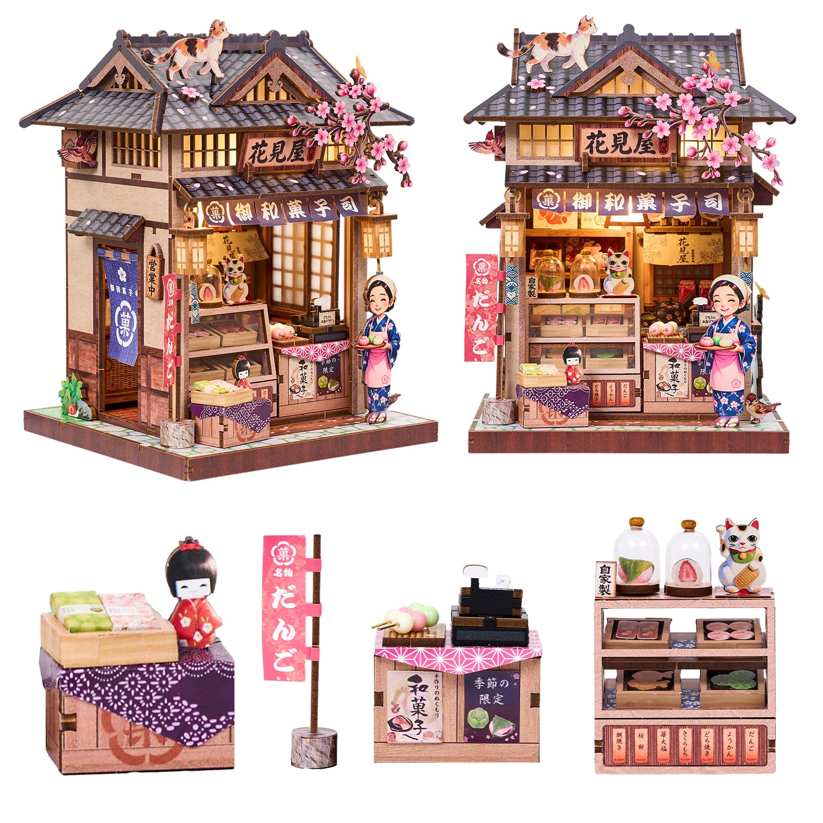 Hanamiya - Kit fai da te per casa delle bambole in miniatura, puzzle 3D in legno con luce LED, fiori di ciliegio e mobili, decorazione accogliente per la casa, hobby rilassante per adulti