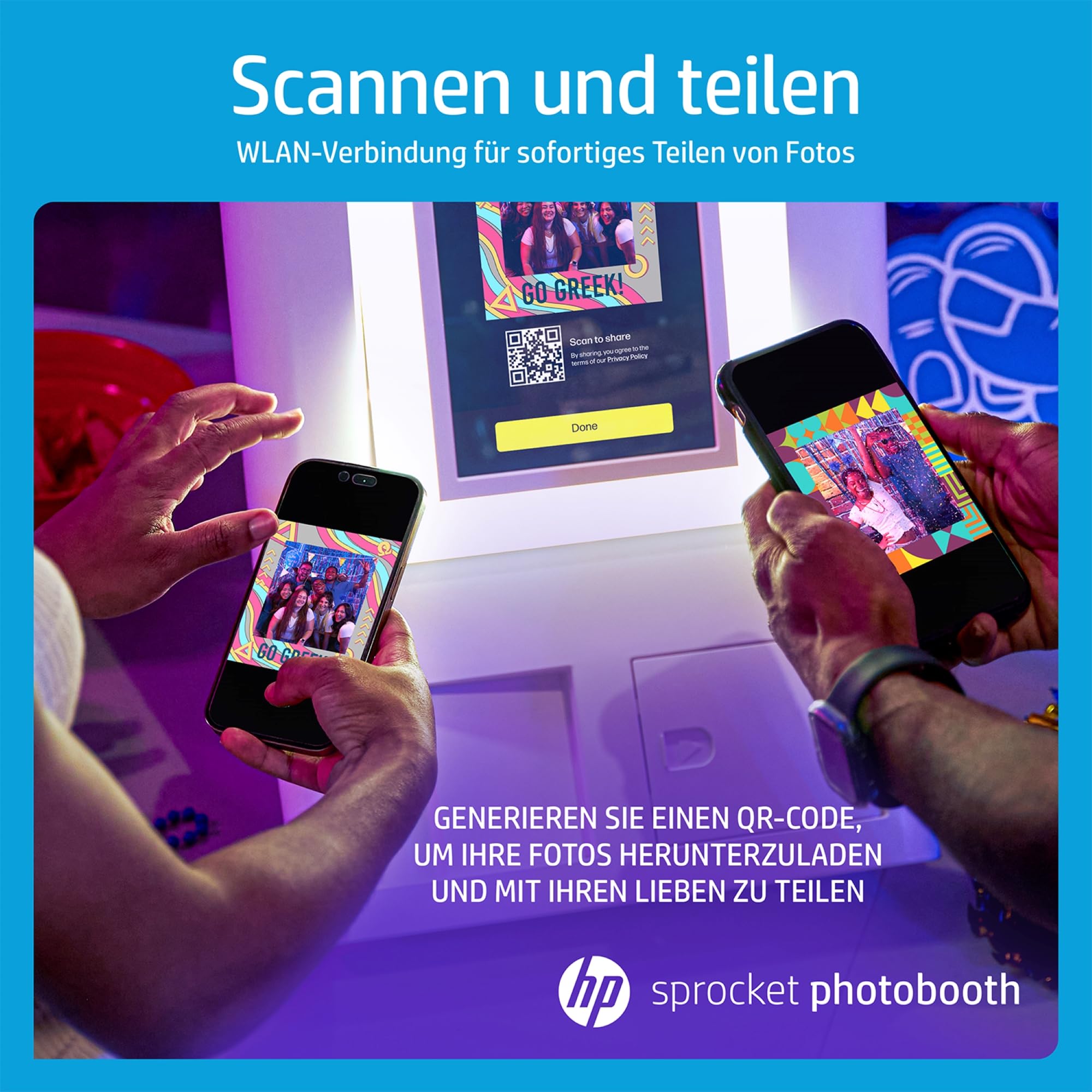 HP Sprocket Photo Booth Sofortbild-Farbfotodrucker, 10,1" (25,6 cm) Touchscreen, Ringlicht, individuelle Rahmen, 3 x 4 (7,6 x 10,1 cm) Zink-Fotopapier, Weiß.