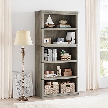 67.4" h x 31.5" w x 12.8" d 5 Tier Farmhouse Bookcase, Wooden Tall Bookcase with Storage, Open Display Bookshelves, Wooden Storage Shelves for Home Office, Living Room