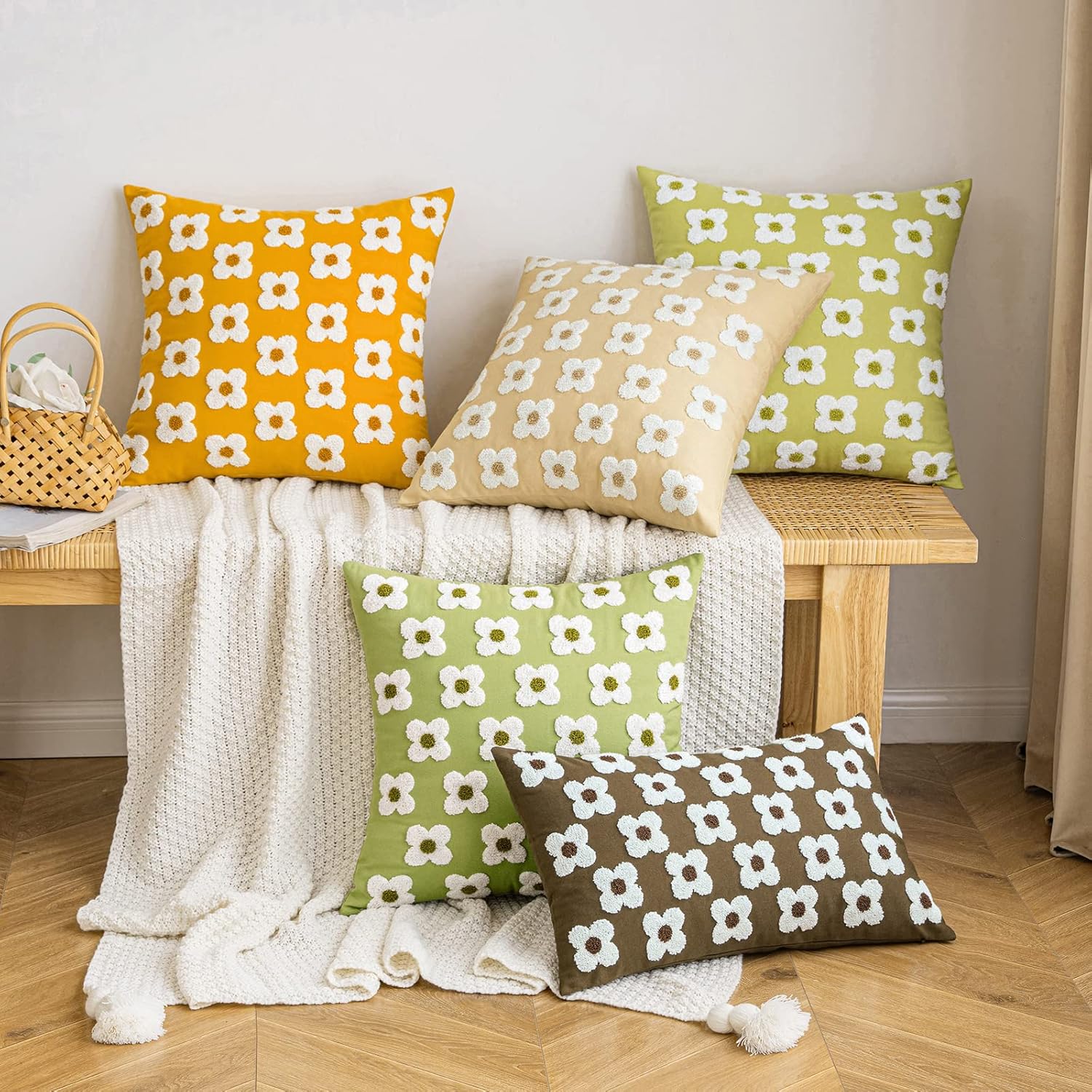 EMEMA Decorative Throw Pillow Covers Daisy Sun Flower Jacquard Pillowcase Cushion Case Square for Couch Sofa Bed Living Room Bedroom Set of 2, 16x16 Inch, Sage Green
