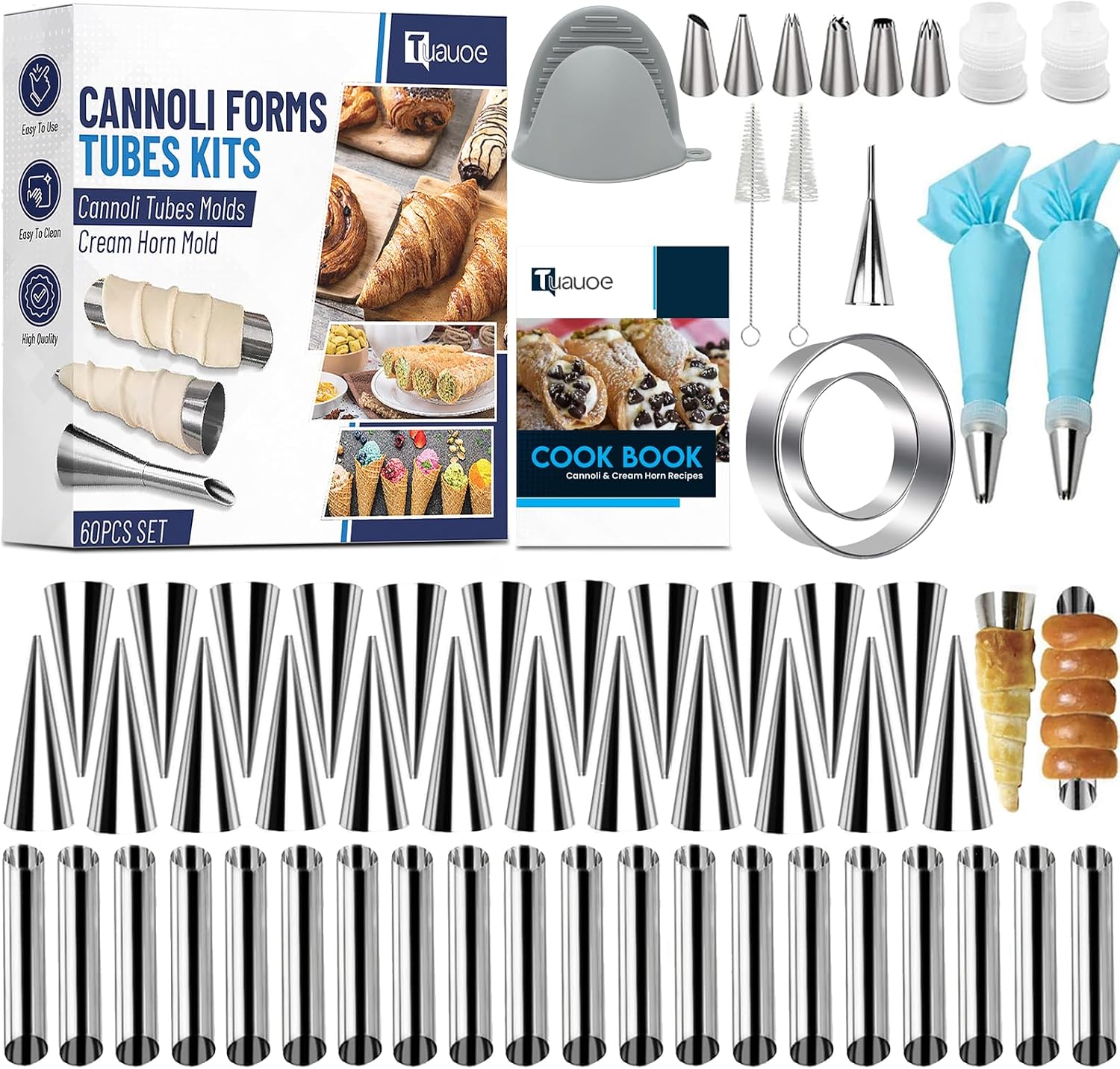Cream Horn Molds for Baking, 60pcs Cannoli Tubes Molds, Non-stick Stainless Steel 23pcs Cone Shaped and 20pcs Tubular Shaped Cannoli Forms for Danish Pastry Lady Lock Form Cream Roll Croissant
