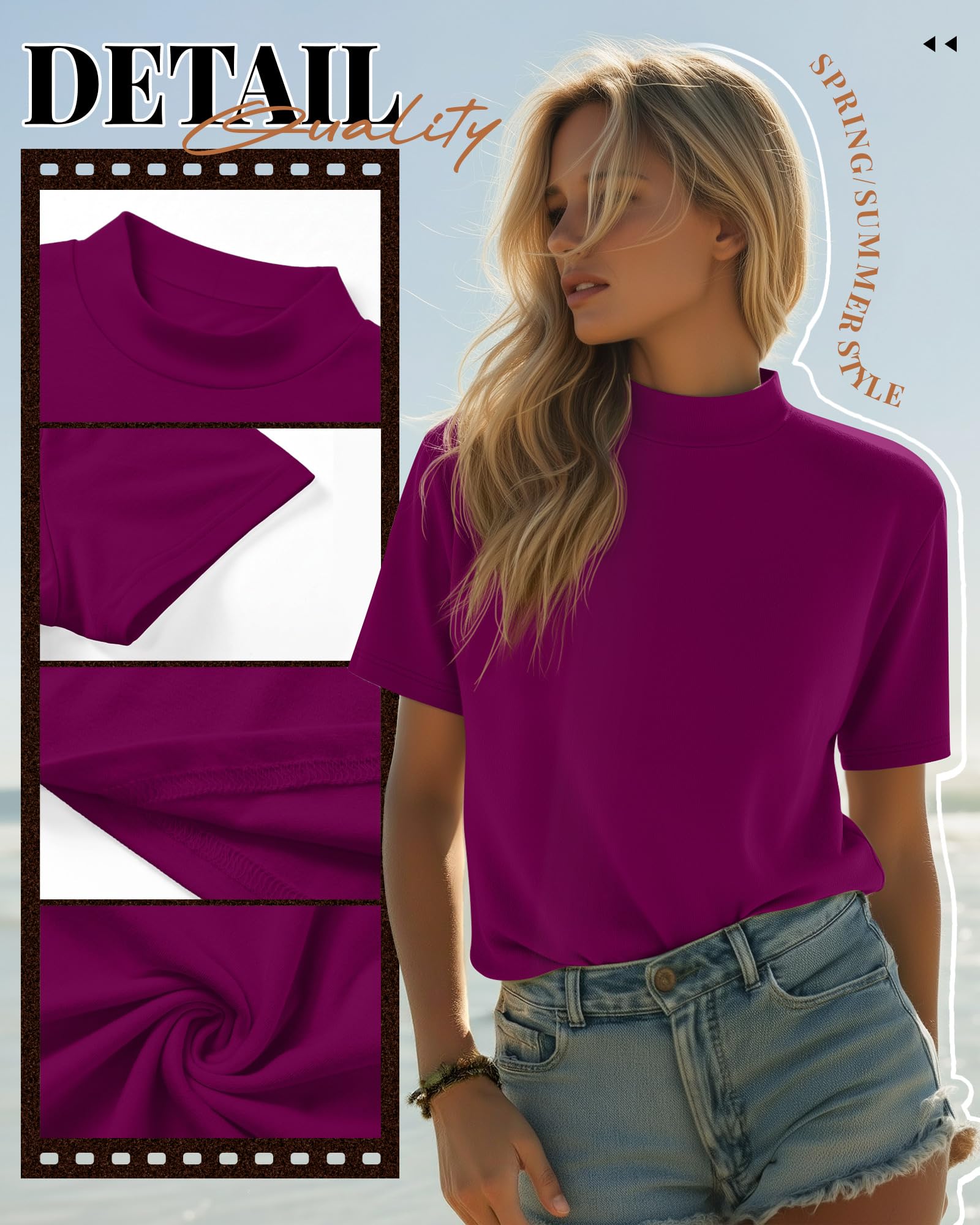 Ficerd - Confezione da 3 Magliette da Donna a Collo Alto, a Maniche Corte, Aderenti, Eleganti e Casual, Ideali per L'Estate