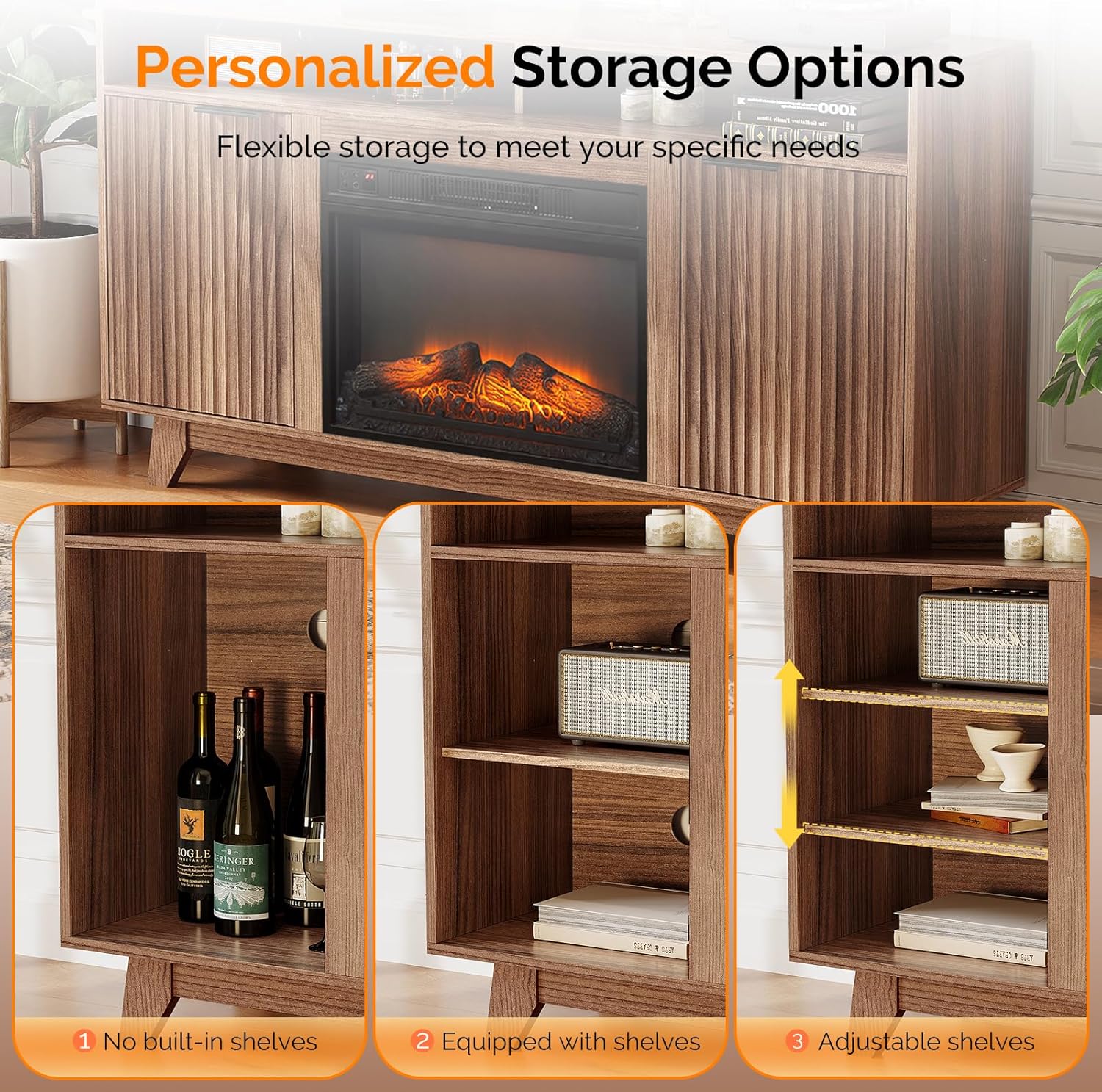 VINGLI Fireplace TV Stand for up to 70 inch TVs, Fluted Entertainment Center with Electric Fireplace Heater & Adjustable Shelves & Open Cabinet, Fireplace Media Console Table for Living Room, Walnut Walunt 58”W x 13.58“D x 32”H