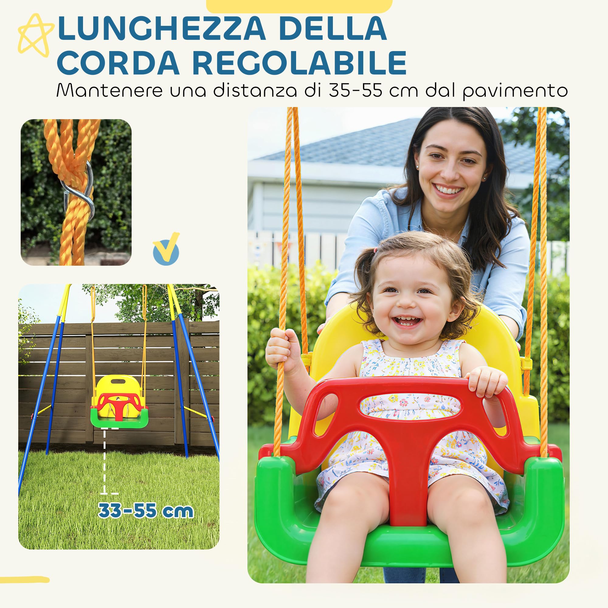 AIYAPLAY 3 in 1 Altalena da Giardino per Bambini, Altalena per Neonato da Interno e Esterno, Altezza Regolabile, Supporti in Acciaio Pieghevoli, Cintura Sicurezza, Facile Montare, 9 Mesi-8 Anni, Verde - 4