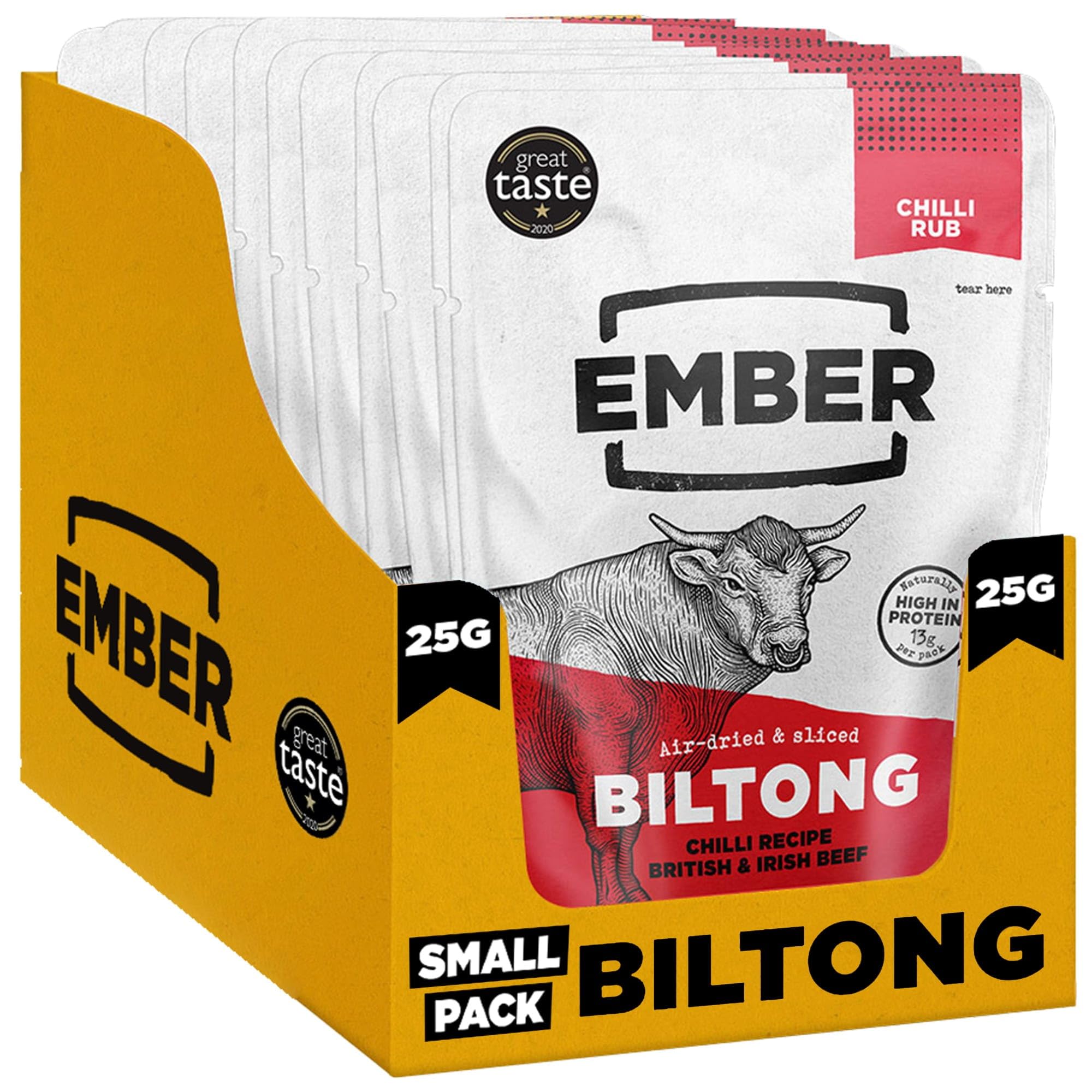 Ember Beef Biltong Chilli 250g - High Protein Meat Jerky Snack - Ready to Eat, Low Fat, No Added Sugar, Keto, No Artificial Colours or Flavours - Box of 10 x 25g Packs from a Family-Run UK Business