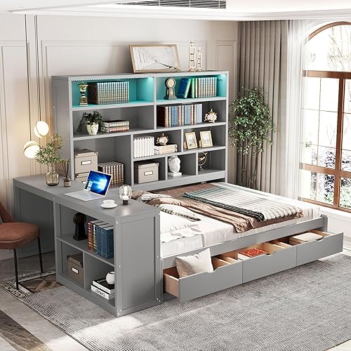 Sofá cama de madera de tamaño matrimonial con armario y estantes todo en uno, marco multifuncional de sofá cama con escritorio convertible y 3