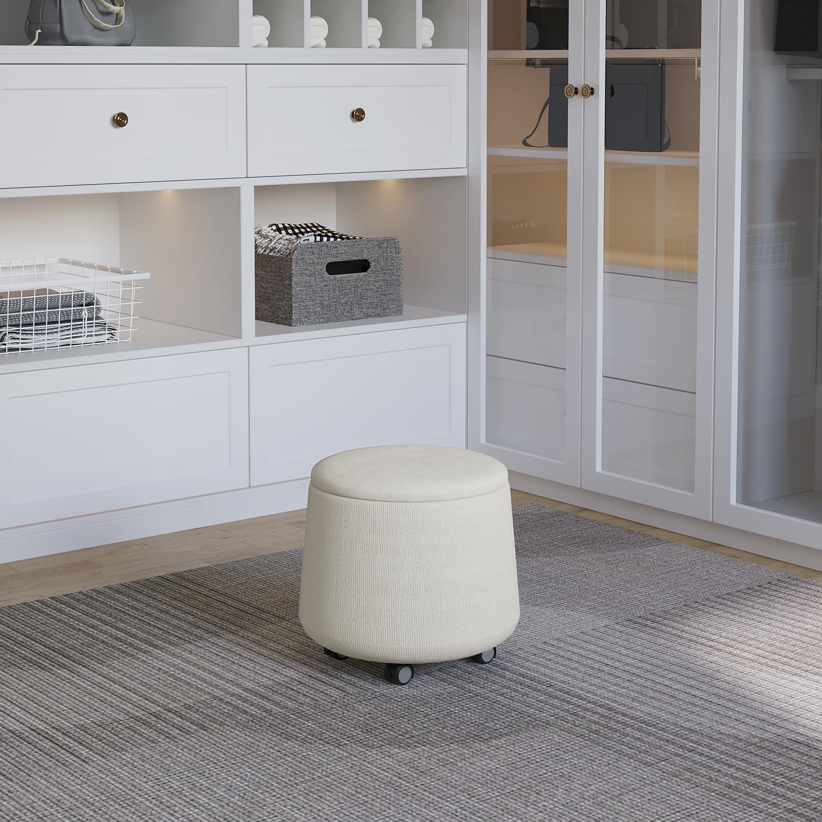 WOLTU Tabouret Rangement à roulettes, Repose Pied Salon, Pouf Rond Chambre, Coffre de Rangement Mobile avec Couvercle Amovible, Siège Rembourré, en Lin, Crème, SH91cm