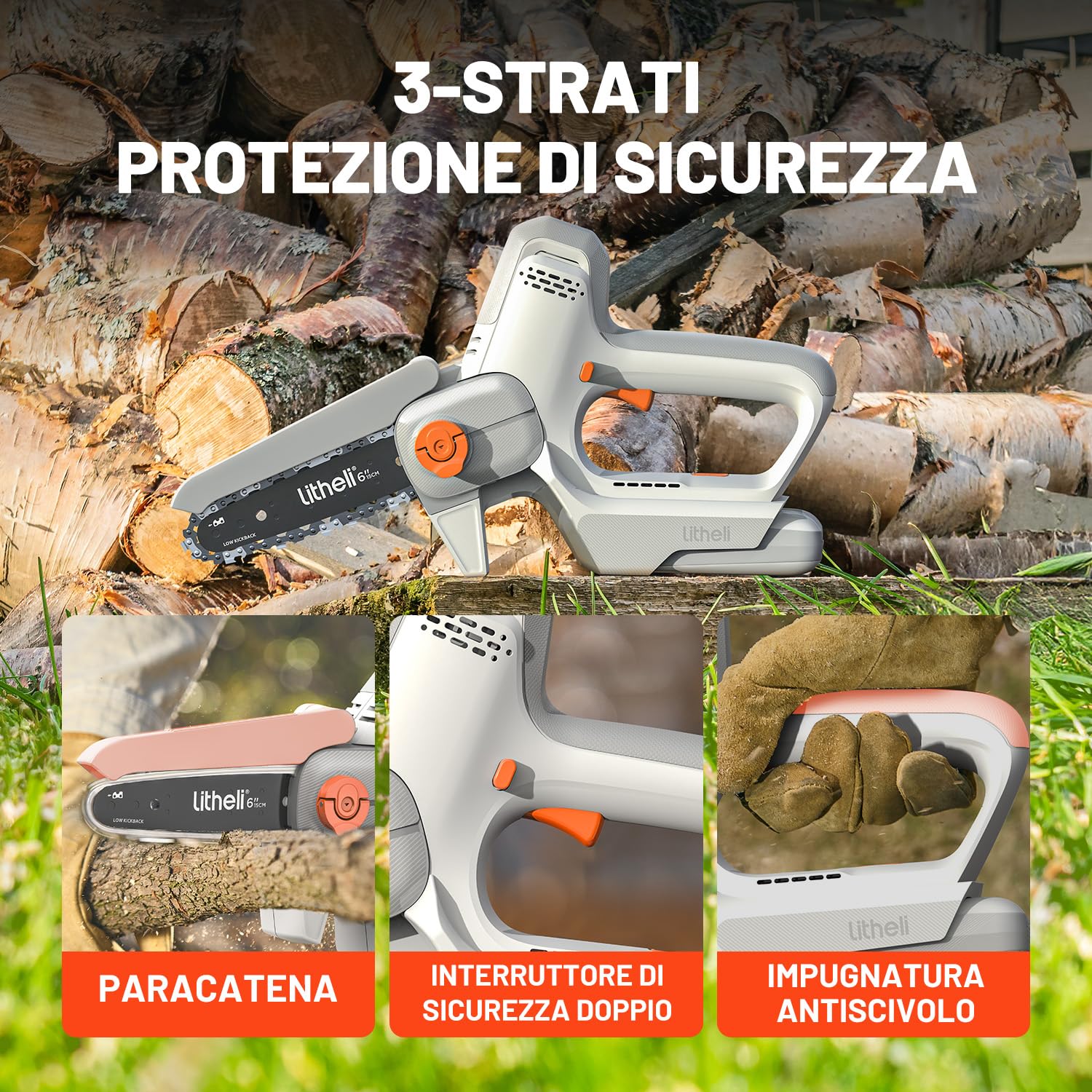 Litheli Mini Motosega a Batteria 10000 mAh, 20V, 6 Pollici Sega a Batteria per Potatura, Tensione della Catena Regolabile, Blocco di Sicurezza, Mini Motosega Elettrica per il Taglio del Legno