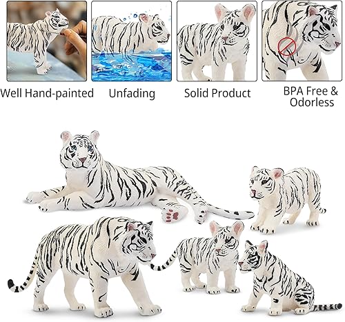 Miniatura 5 de Toymany 4 figuras realistas de tigres blancos con cachorros de tigre, figuras familiares de animales de la selva de 2 a 6 pulgadas, incluye tigres