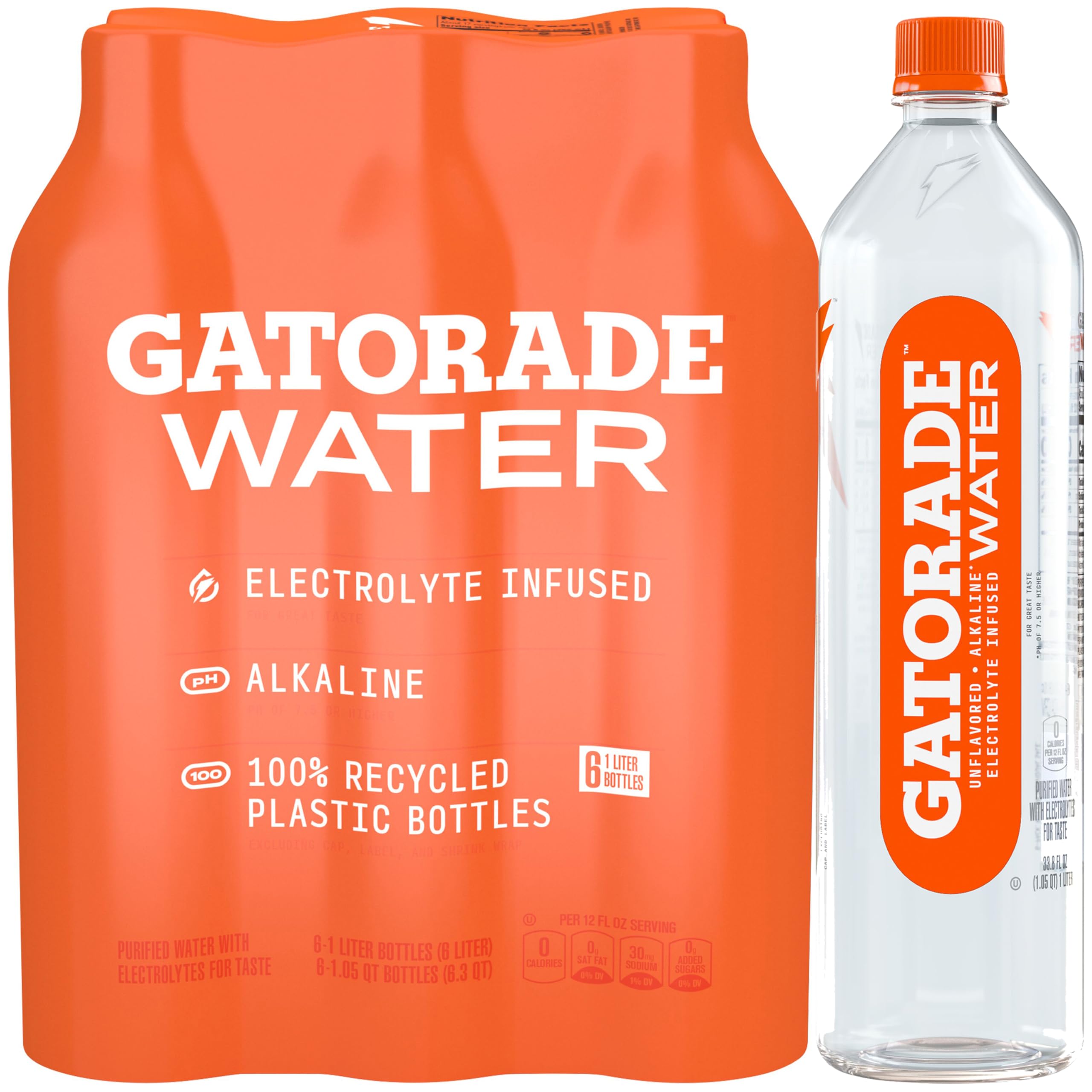 Gatorade Water, Electrolyte Infused for Great Taste, Alkaline PH 7.5 or higher, Unflavored, 1L (Pack of 6)