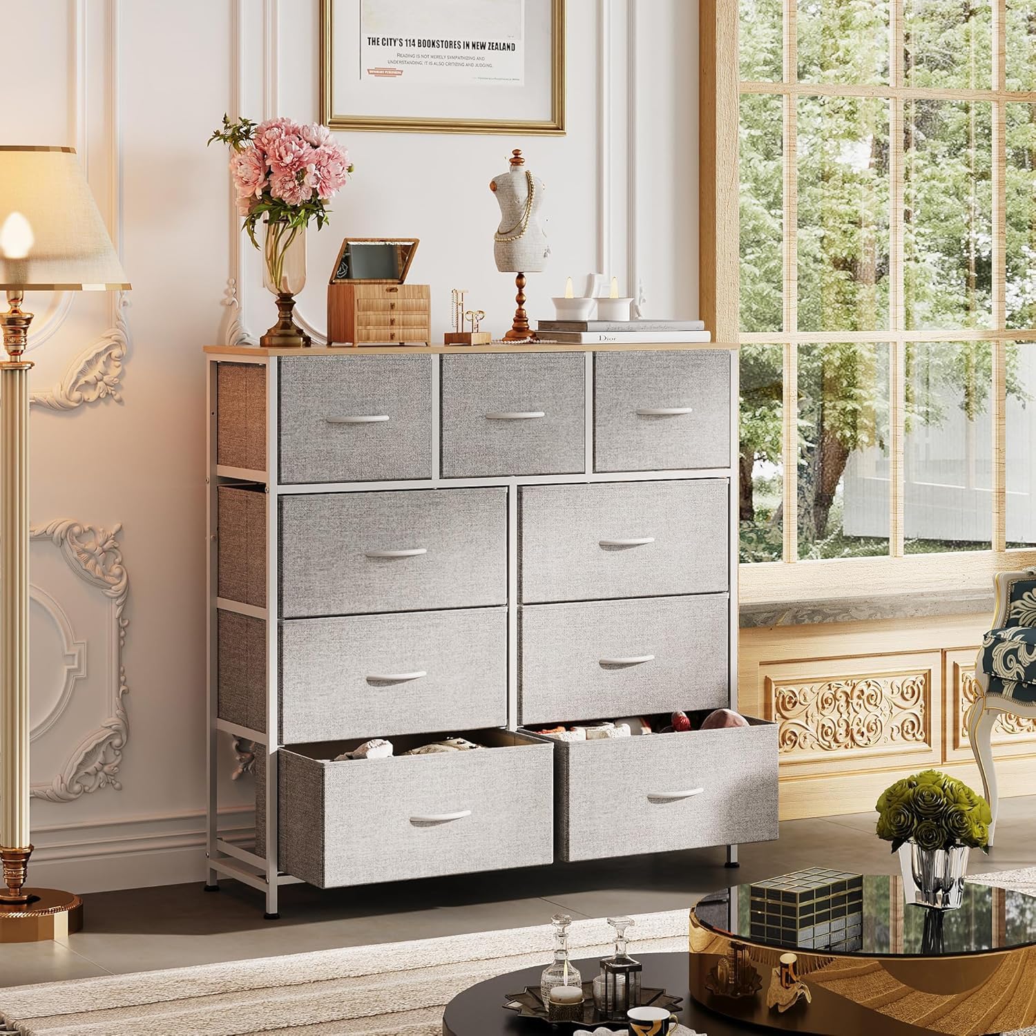 WLIVE Commode Tiroirs, Tour Rangement Tissu pour Chambre, Couloir, Entrée, Placard, Unité Haute Bacs Tissu, Cadre Acier, Plateau Bois (Gris Clair, 9 Tiroirs)