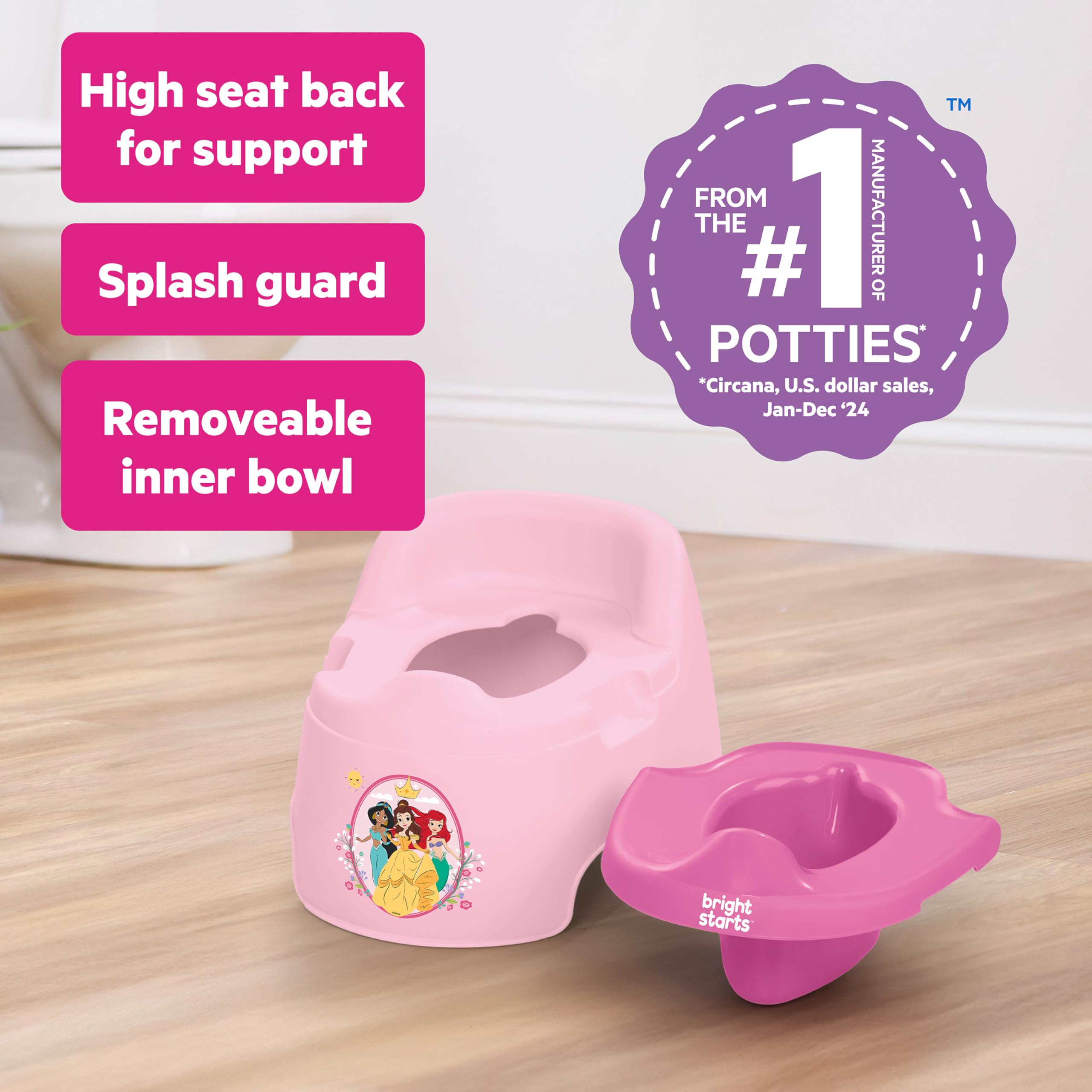 Bright Starts Disney Princess Full Comfort Potty Training Toilet, Easy Clean Removable Bowl, Splash Guard, High Back for Comfort & Stability, Toddlers up to 50 lbs - 3
