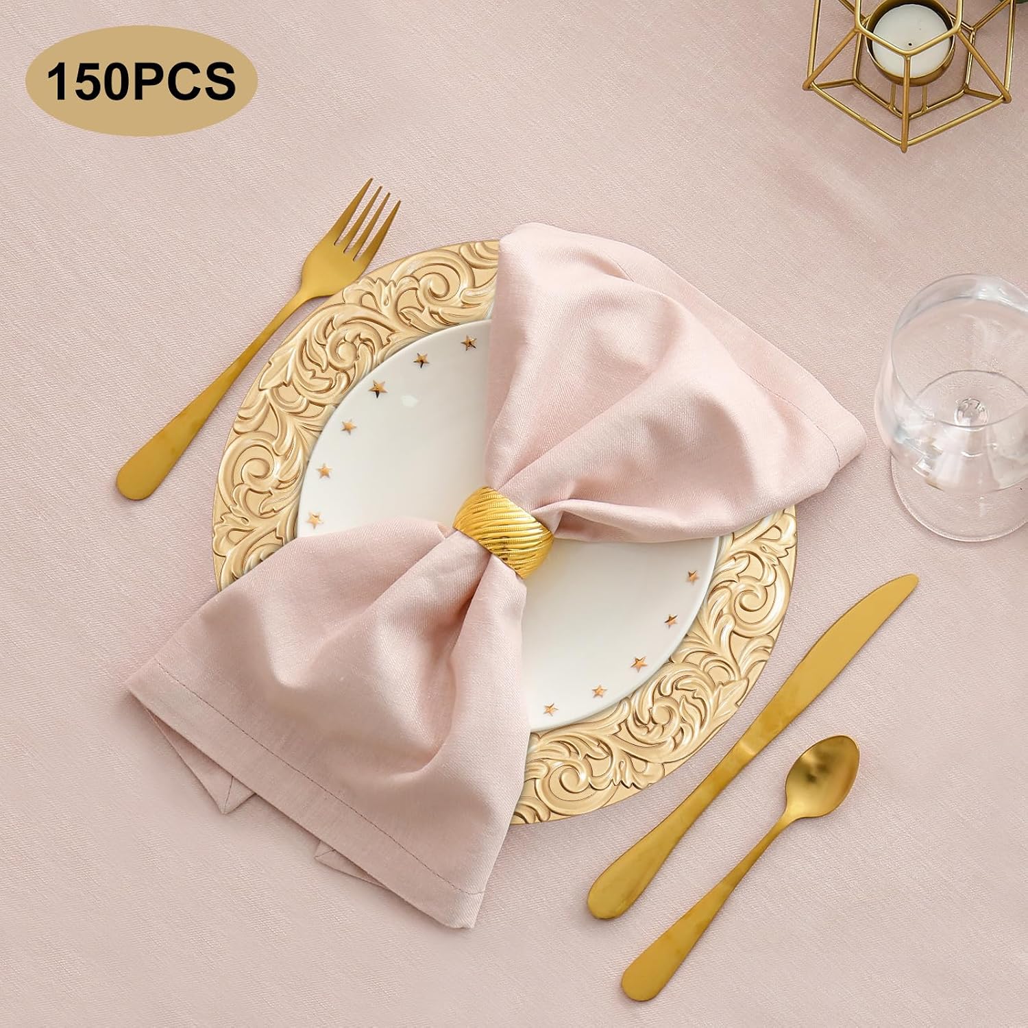 150 Pcs 13 Inch Gold Charger Plates, Bulk PP Wedding Chargers with Floral Reef Design Decorative Round Ruffled Rim Dinner Plates for Wedding Party Event Table Setting Decoration