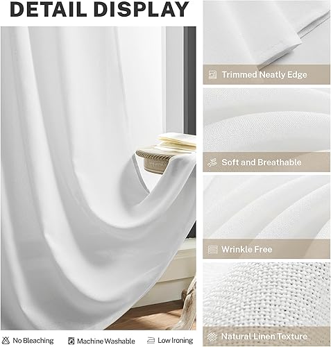 Miniatura 4 de Cortinas de lino blanco con pestaña trasera de 108 pulgadas de largo, 2 paneles para sala de estar, casa de campo, cortinas de lino