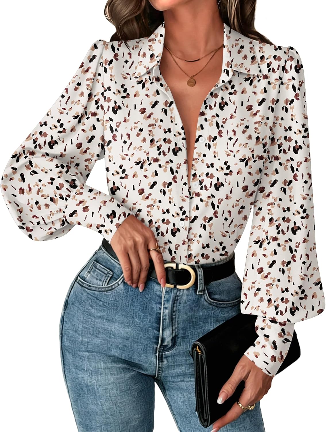 Zeagoo Women Button Down Shirts Lantern Long Sleeve Tops Business Casual Chiffon Blouses Trendy Work Clothes