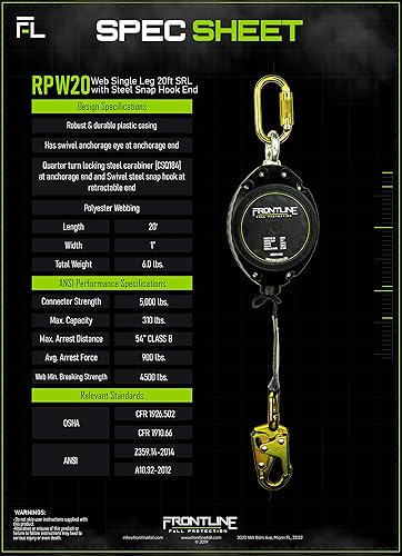 Miniatura 21 de Frontline RPW20 Web de una sola pierna SRL con extremo de gancho de acero Cumple con OSHA y ANSI SRL Duradero, ligero y compacto Cincha sin