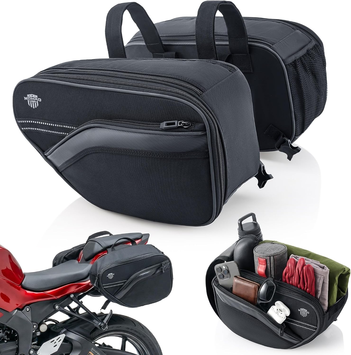 Nomad Motorcycle Saddlebags 24–30L Expandable (15L*2) – Waterproof, Detachable Side Bags for Ninja 400/500, Grom, CBR500R, CB500X, KTM Duke, & All Sport, Dirt & Dual Sport mini motorcycle Bikes