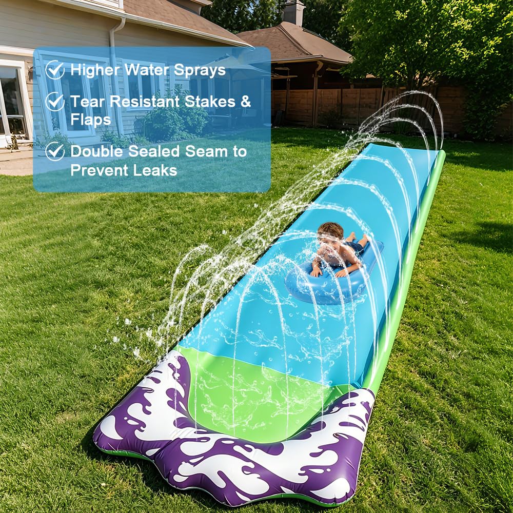 15.8 ft/480 Wasserrutsche Garten für Kinder, Wasserrutschmatte mit 2 Bodyboards, Rasenwasserrutschen mit eingebautem Sprinkler, Wasserrutschen Wasserspielzeug für Sommer, Outdoor (Blau)