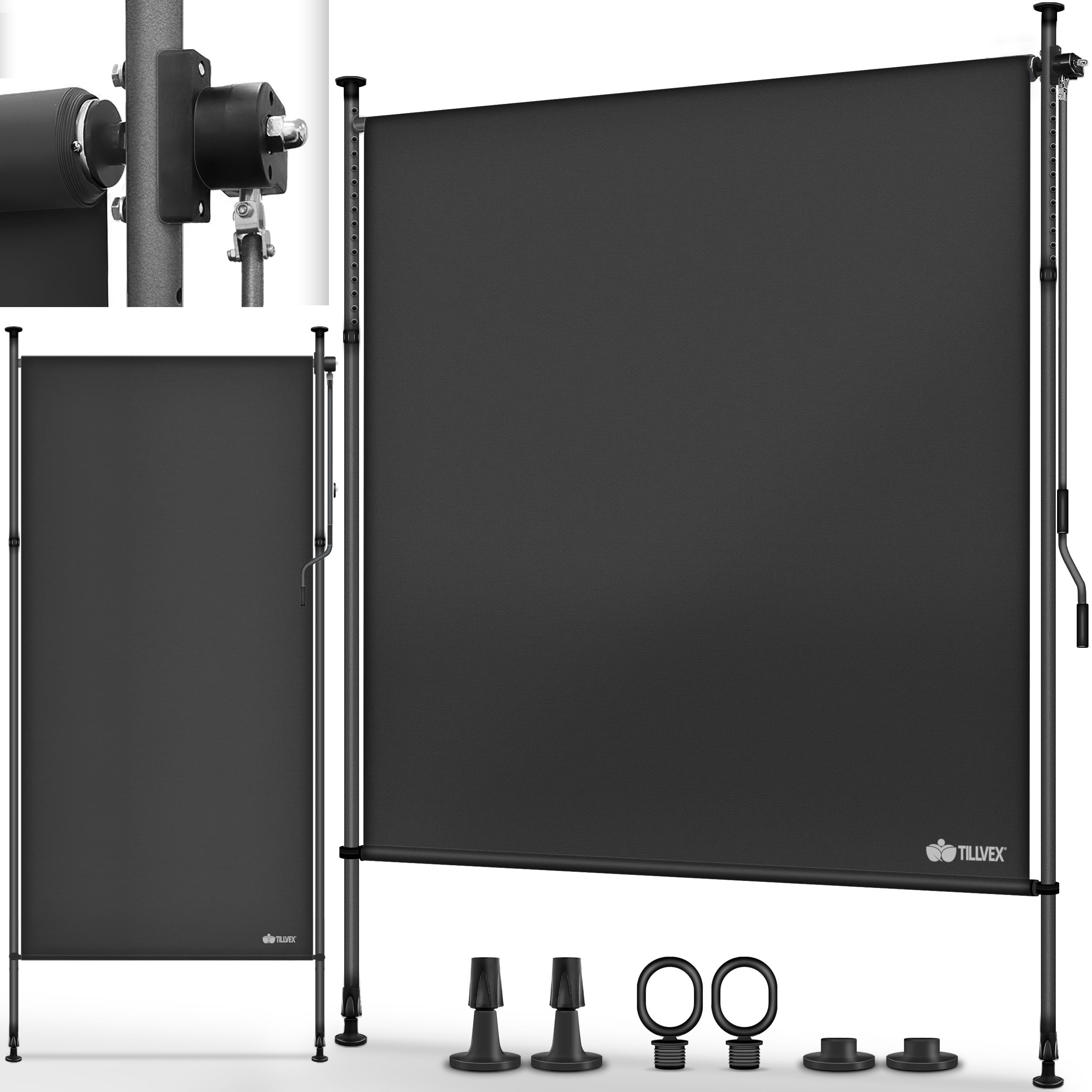 tillvex® Toldo vertical con pinza, 200 x 310 cm, antracita con manivela sin agujeros, protección visual extensible y opaca, toldo vertical para balcón, terraza, jardín, estor de protección visual